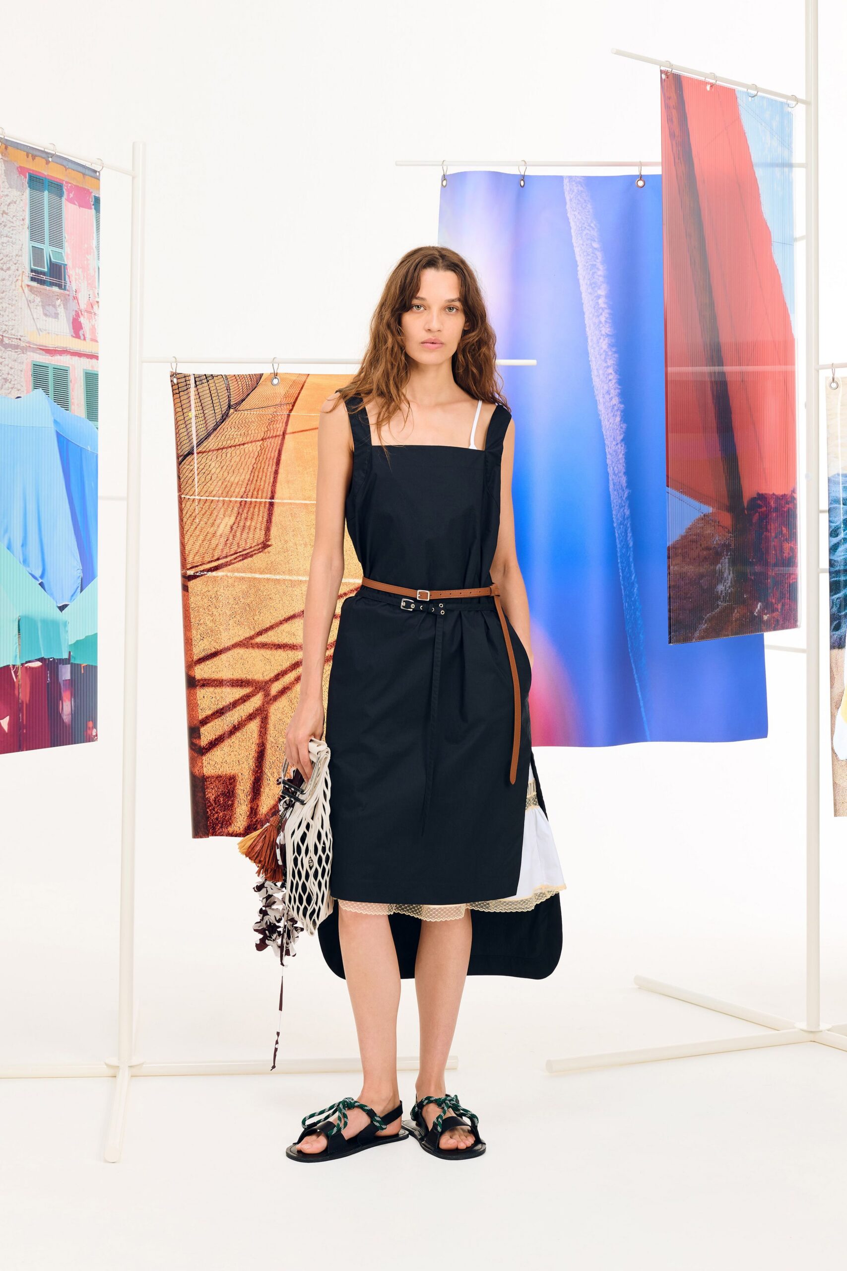 black cotton sleeveless v-neck fitted belted midi dress