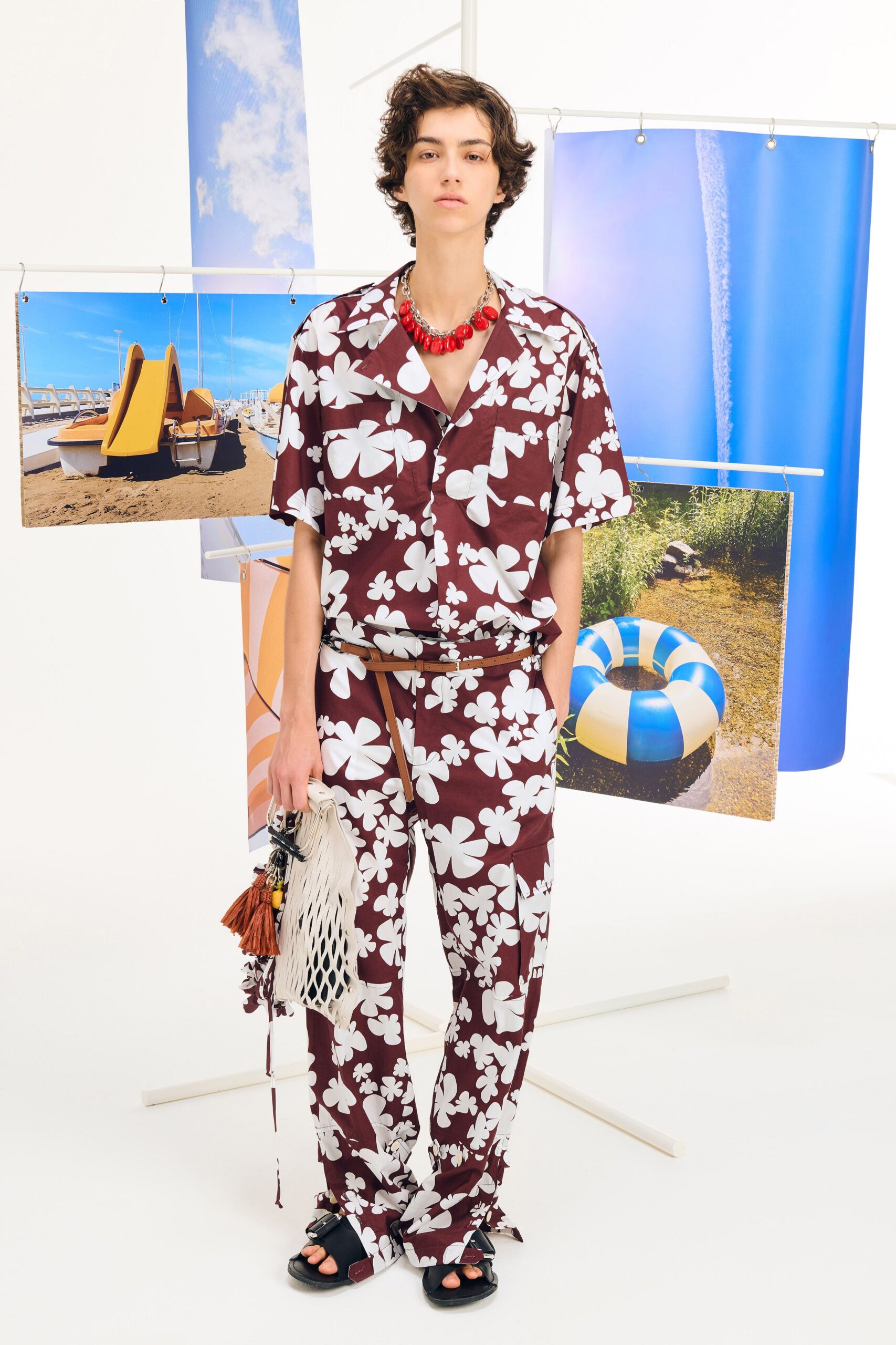 maroon short-sleeve collared relaxed floral shirt