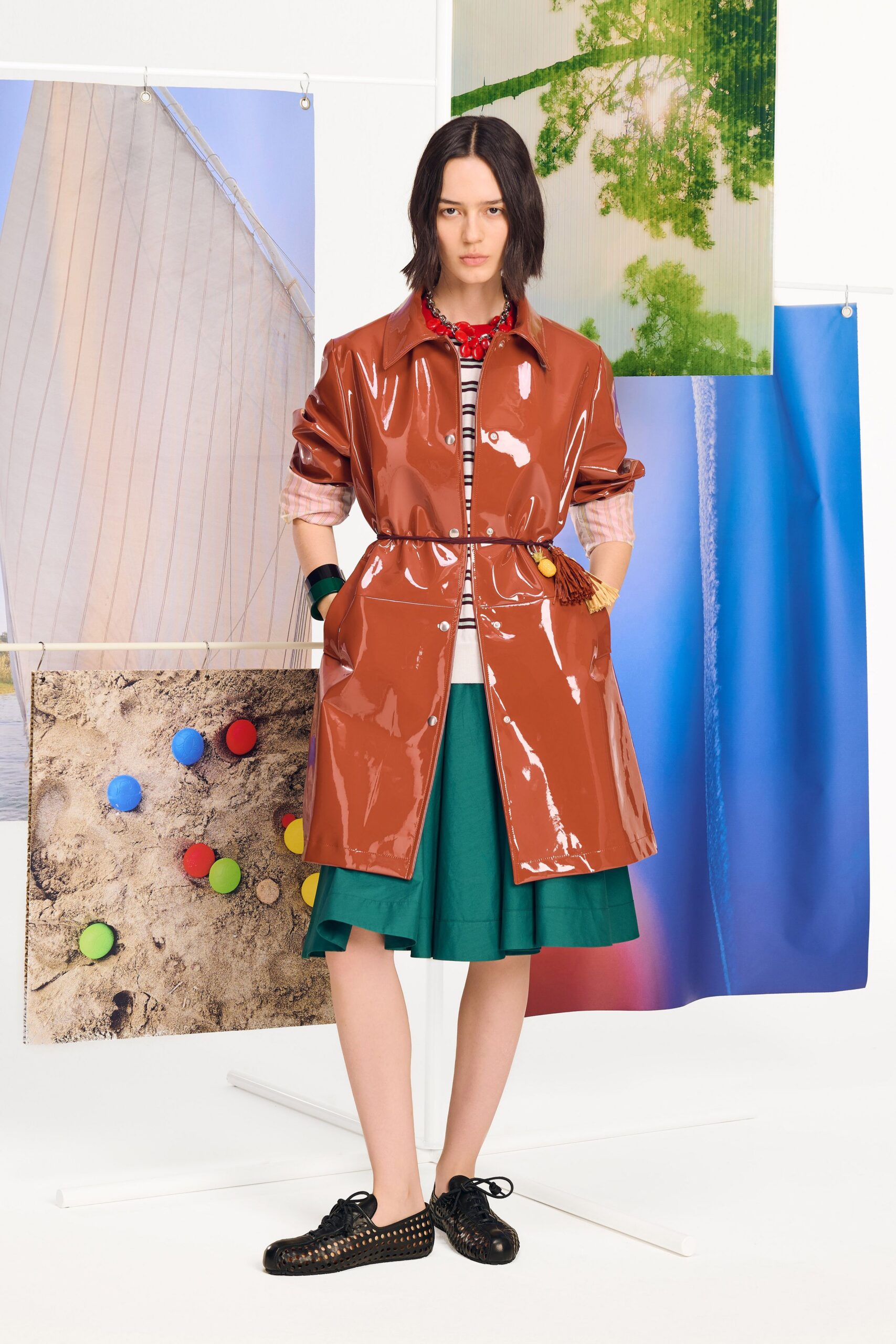brown vinyl long-sleeve collared relaxed zippered belted coat