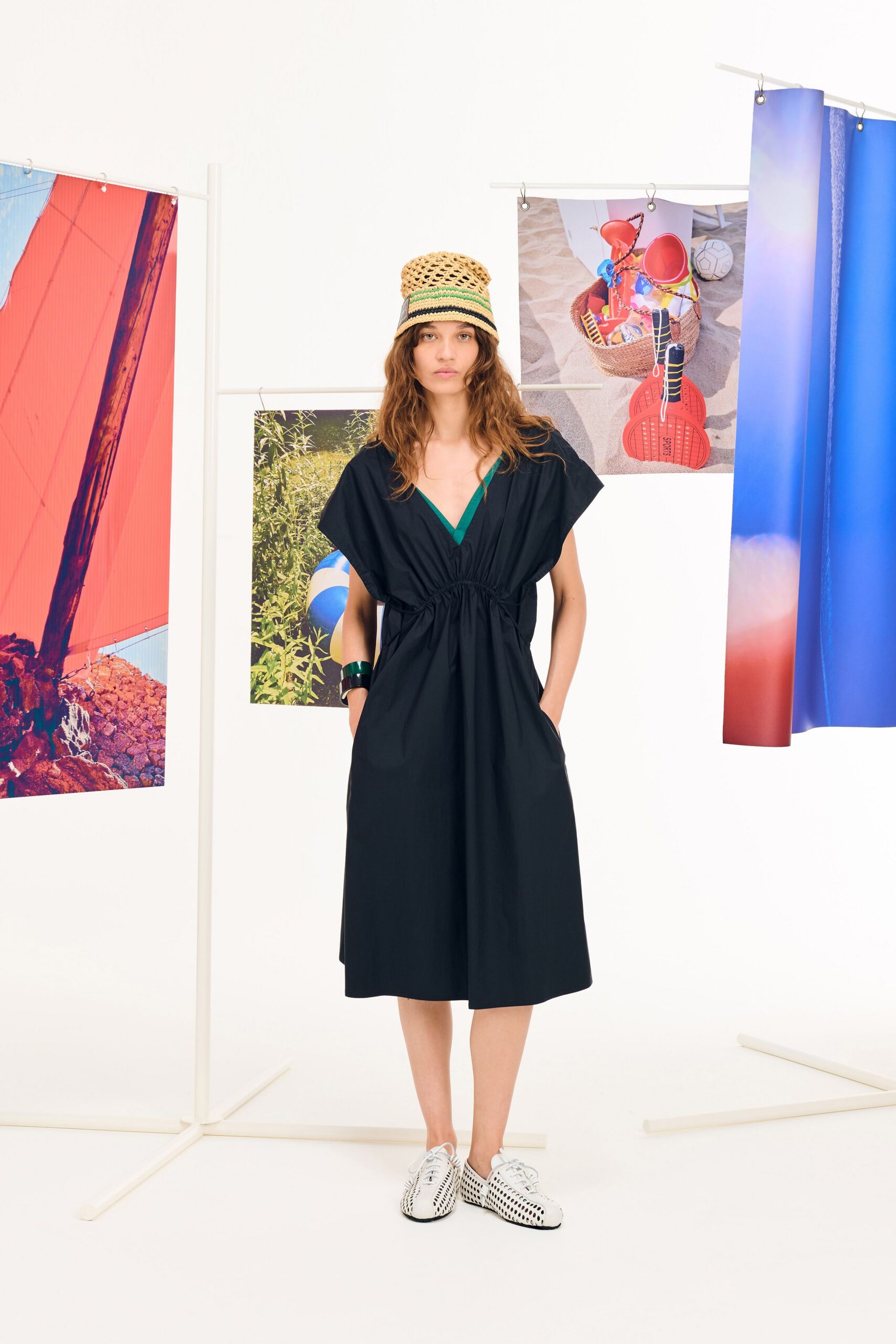 black cotton short-sleeve v-neck relaxed belted midi dress