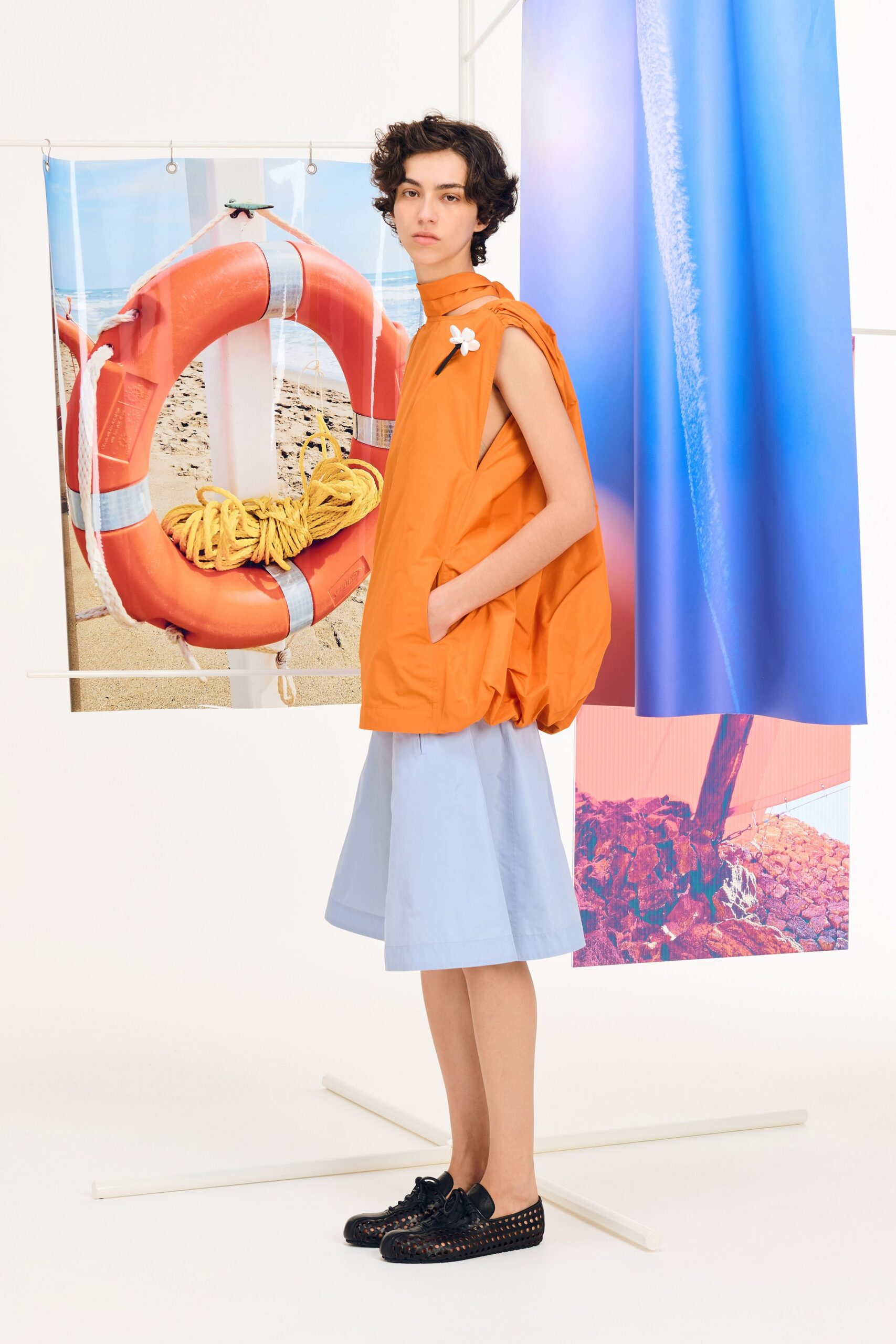orange cotton sleeveless relaxed pleated top