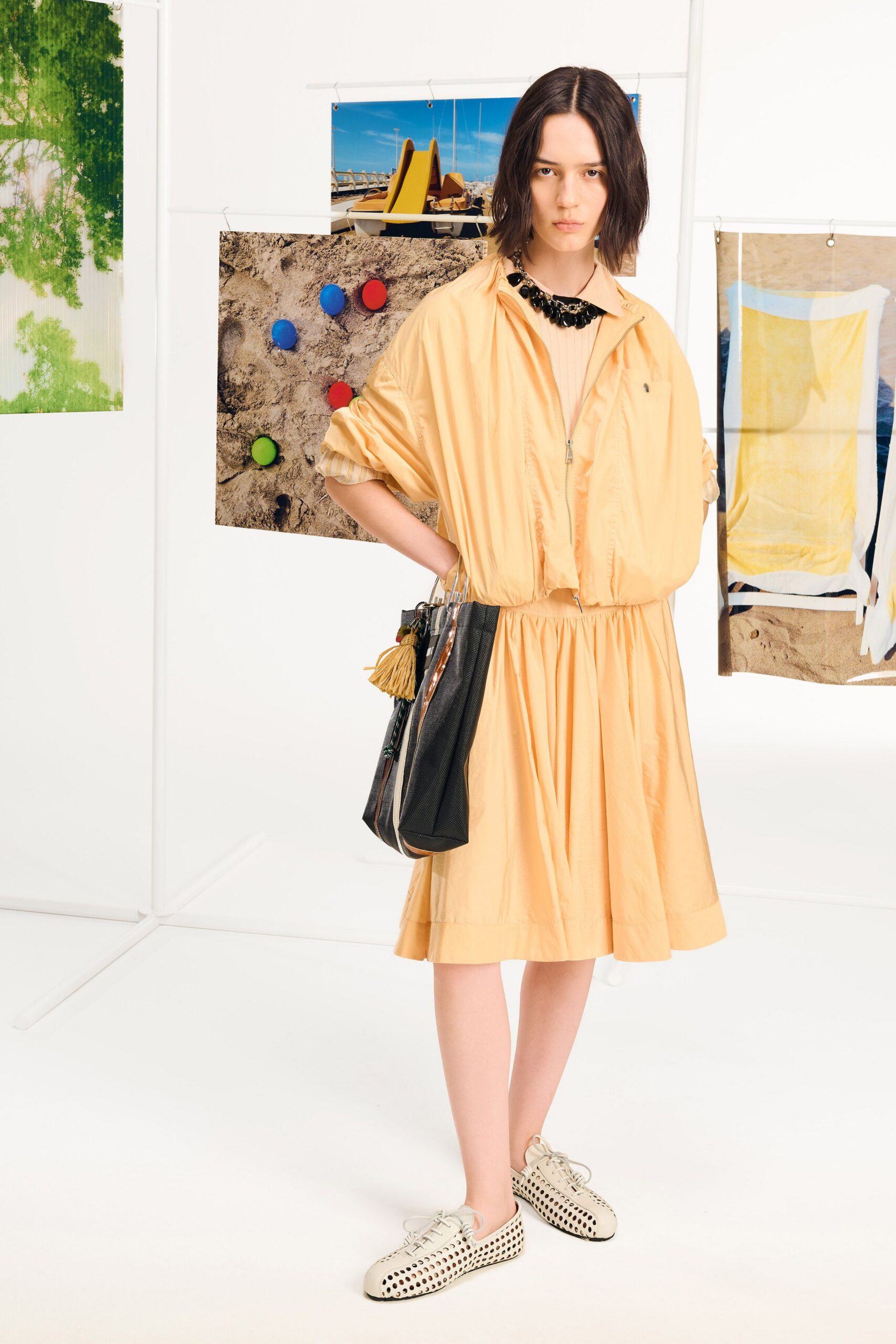 yellow cotton short-sleeve collared relaxed pleated midi dress