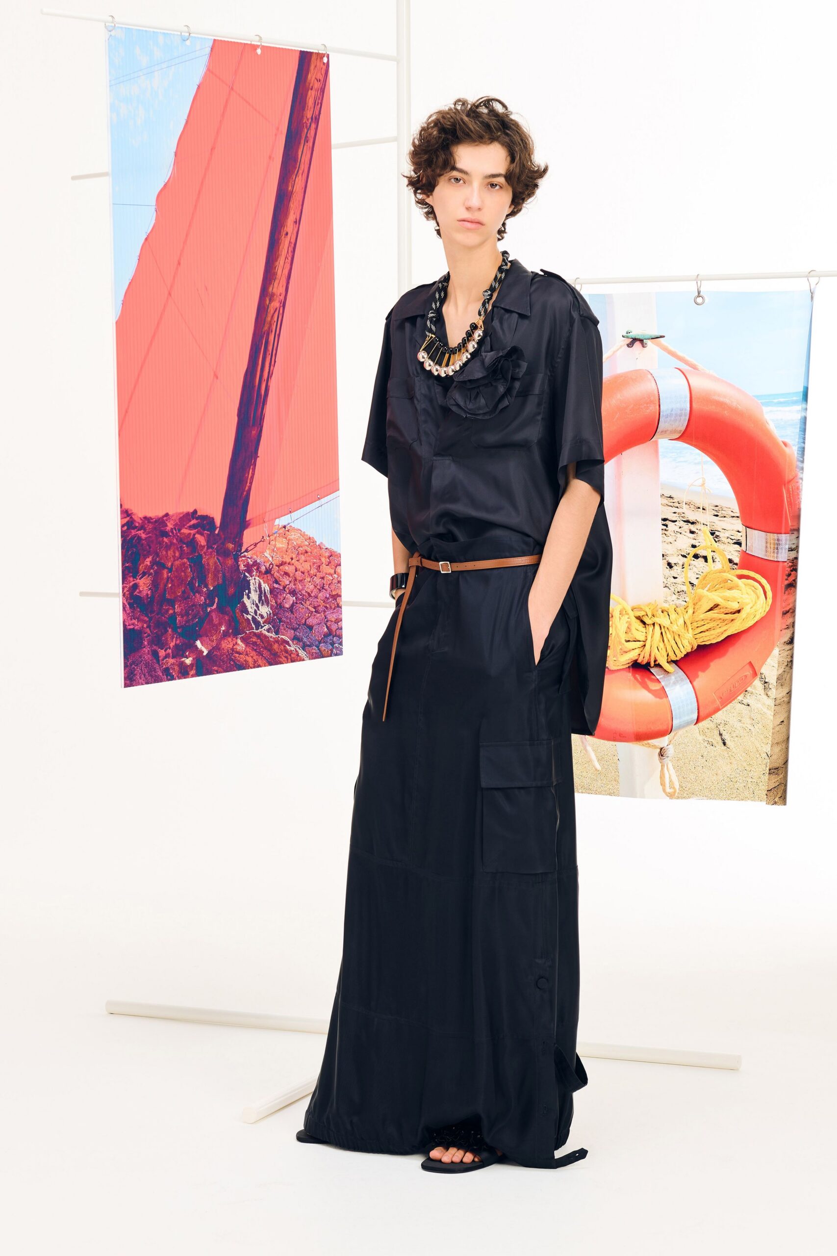 black silk short-sleeve collared relaxed ruffled pockets dress