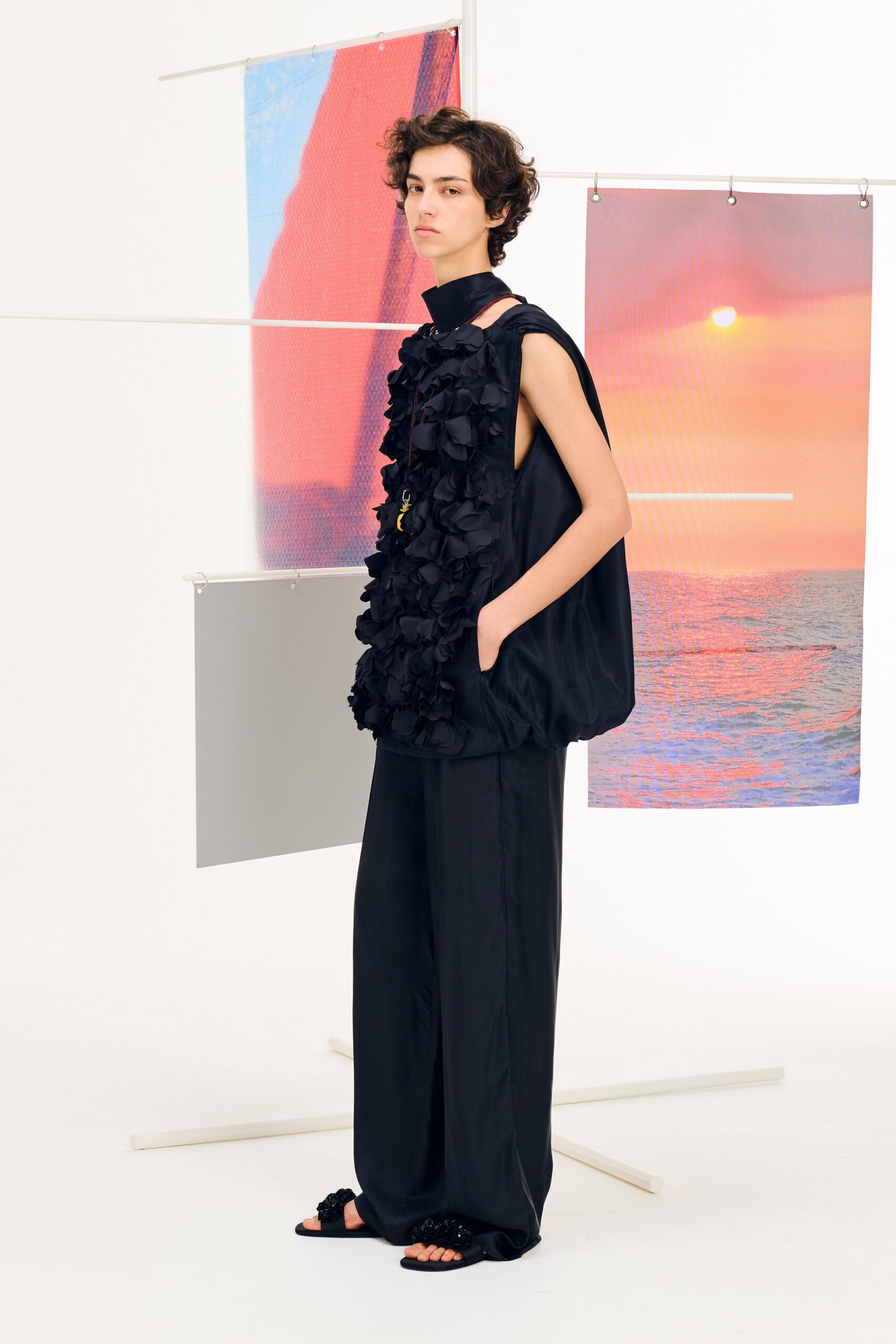 black silk fitted straight-leg pants