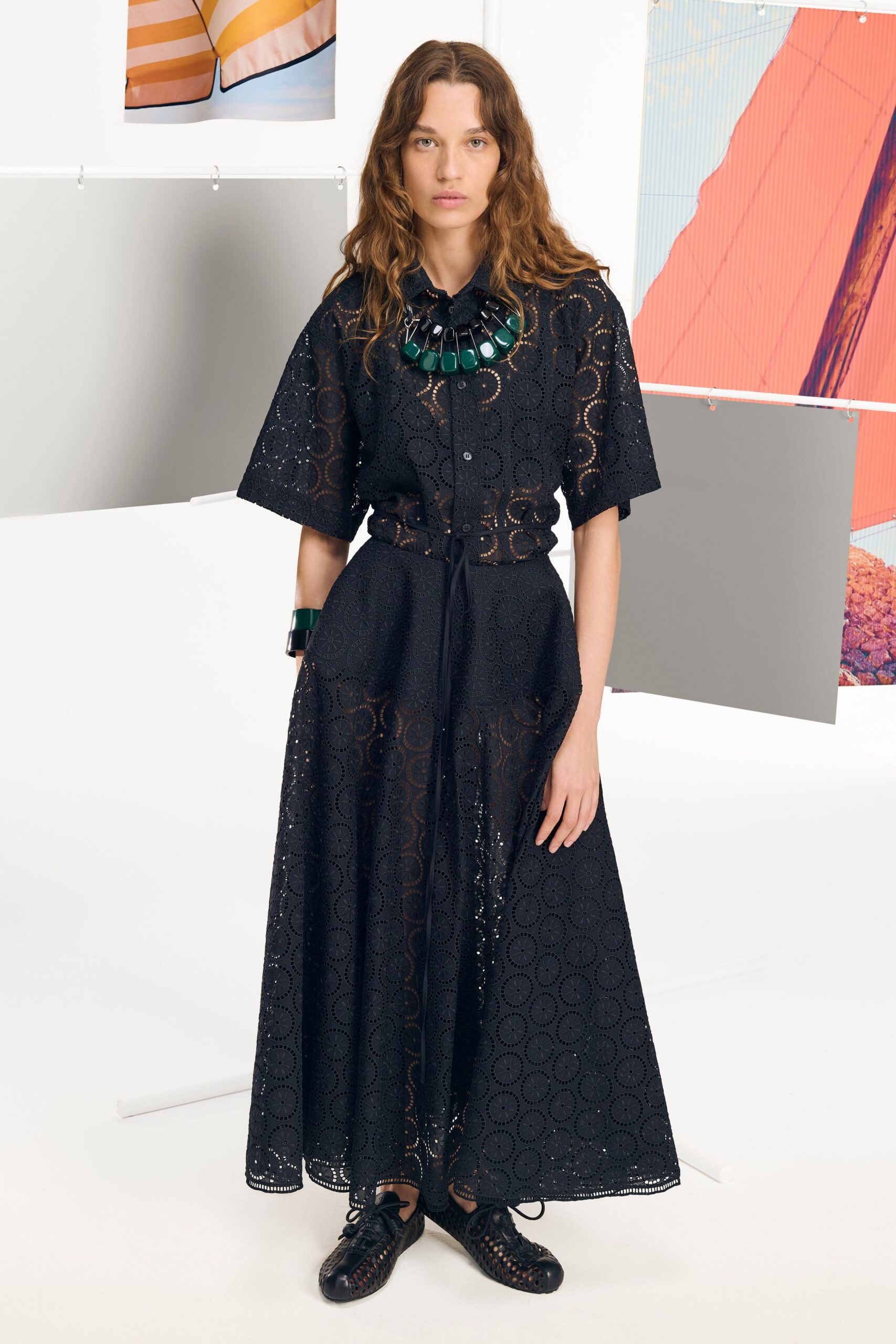 black cotton short-sleeve collared fitted embroidered a-line dress