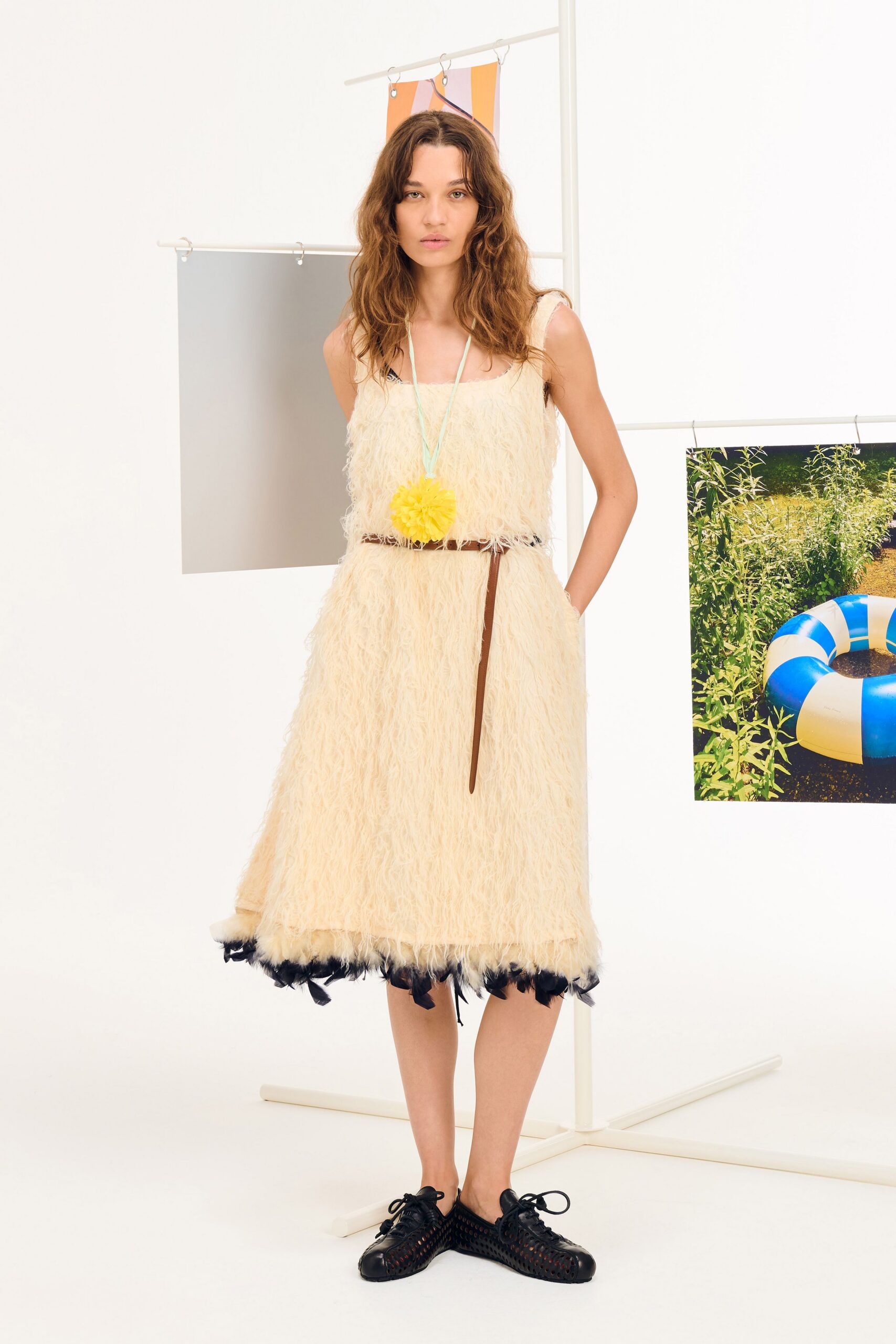 beige fur sleeveless square-neck relaxed fringed tiered dress
