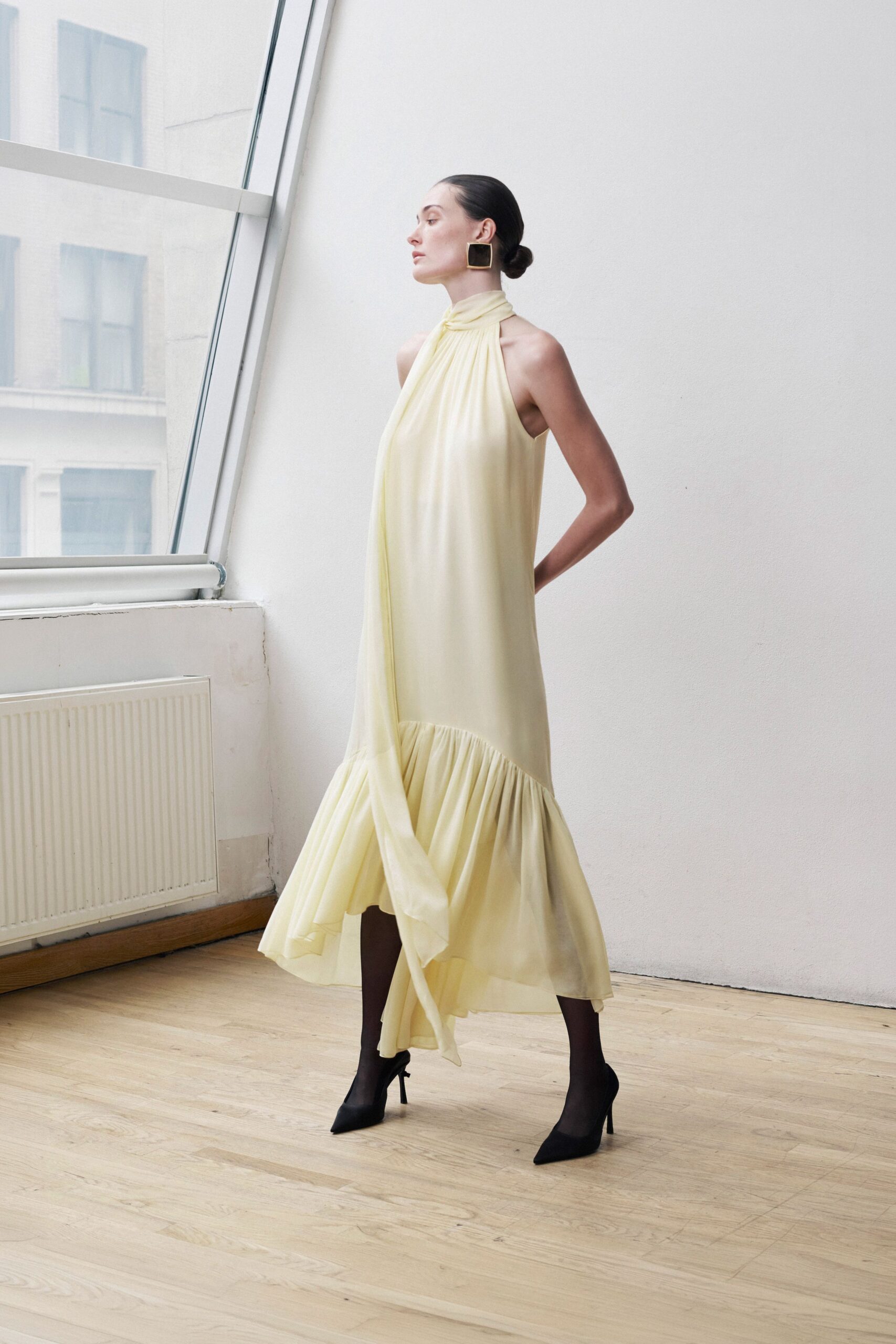 yellow chiffon sleeveless high-neck relaxed draped tiered dress