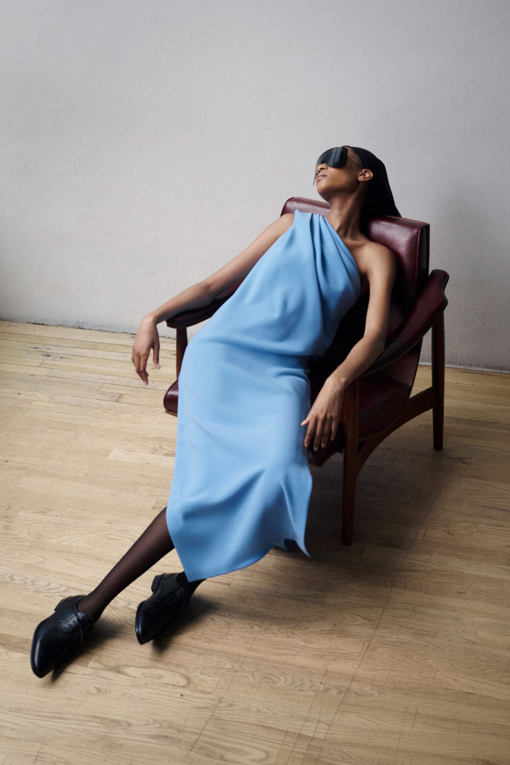 blue silk sleeveless asymmetric fitted flowing midi dress