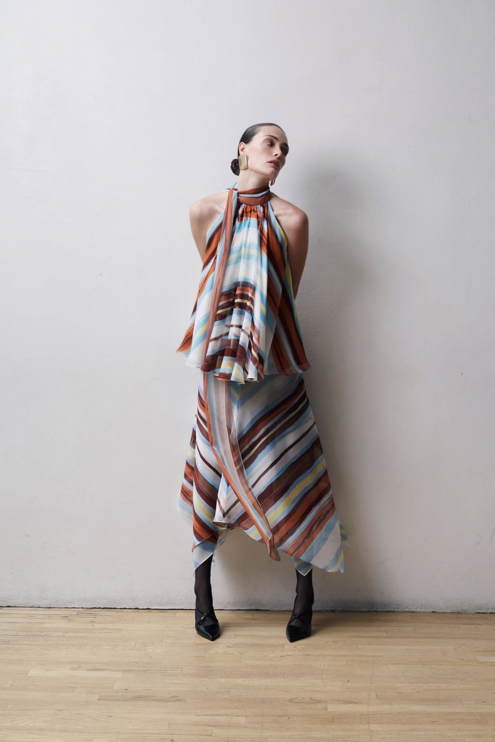 blue silk sleeveless high-neck relaxed striped layered dress