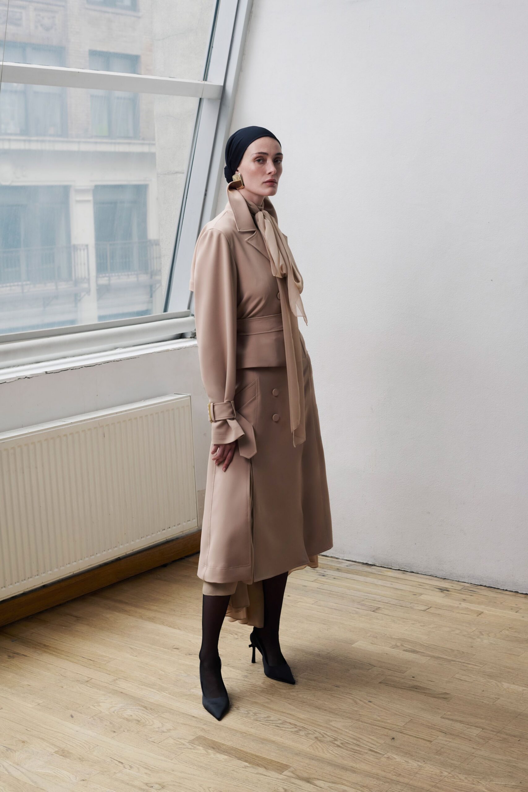 beige silk long-sleeve collared fitted buttoned draped dress