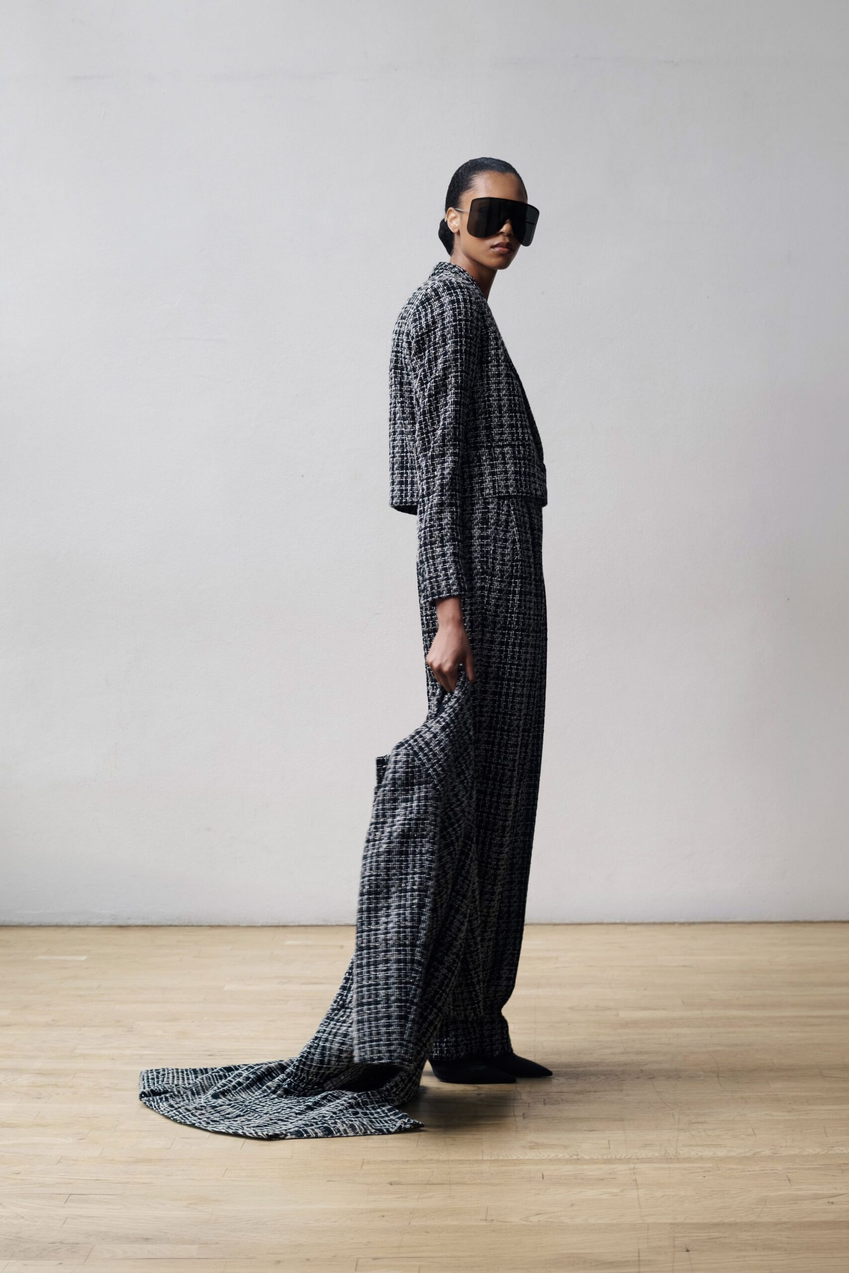 black cotton long-sleeve collared fitted layered printed dress