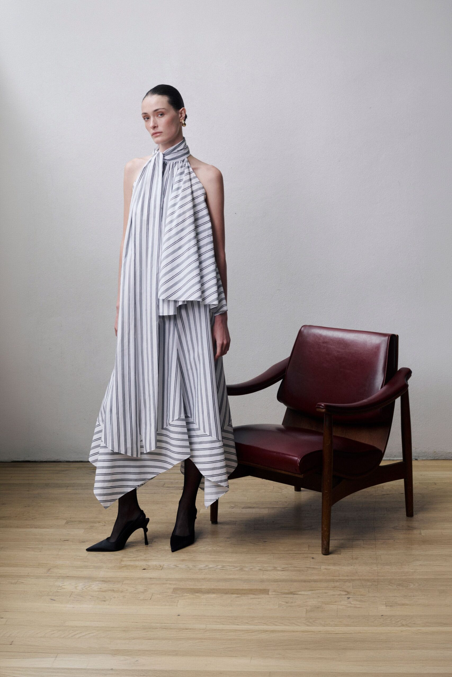 white silk sleeveless high-neck fitted striped midi dress