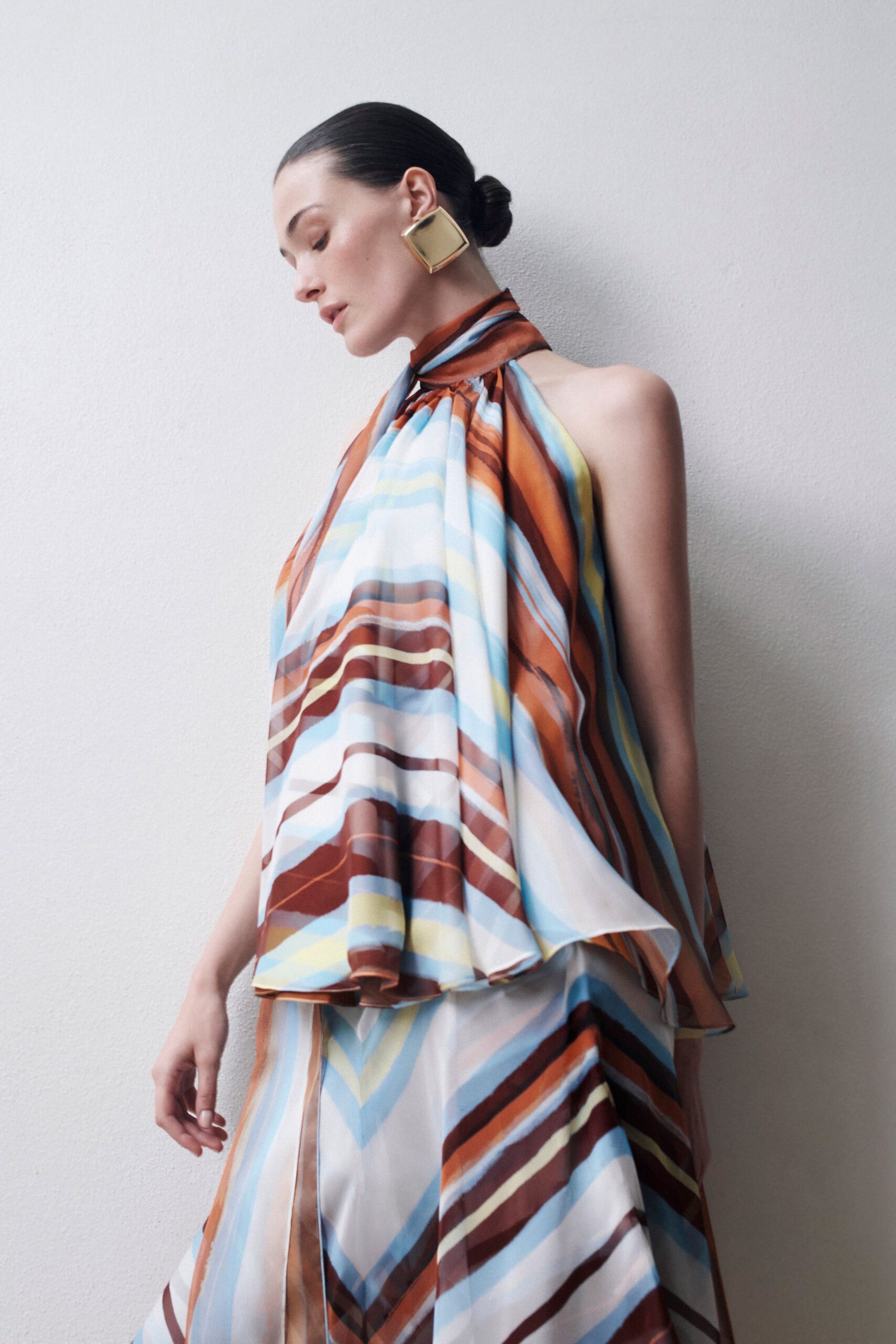 blue silk relaxed tiered flowing skirt