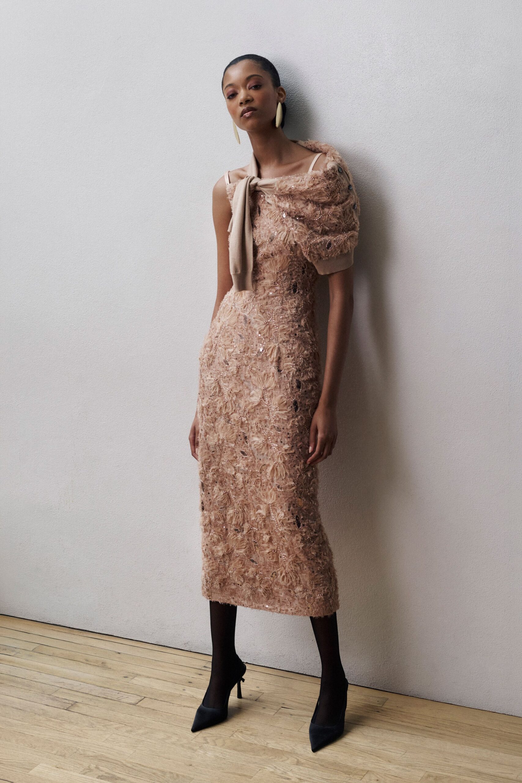 beige silk sleeveless v-neck fitted embroidered layered dress