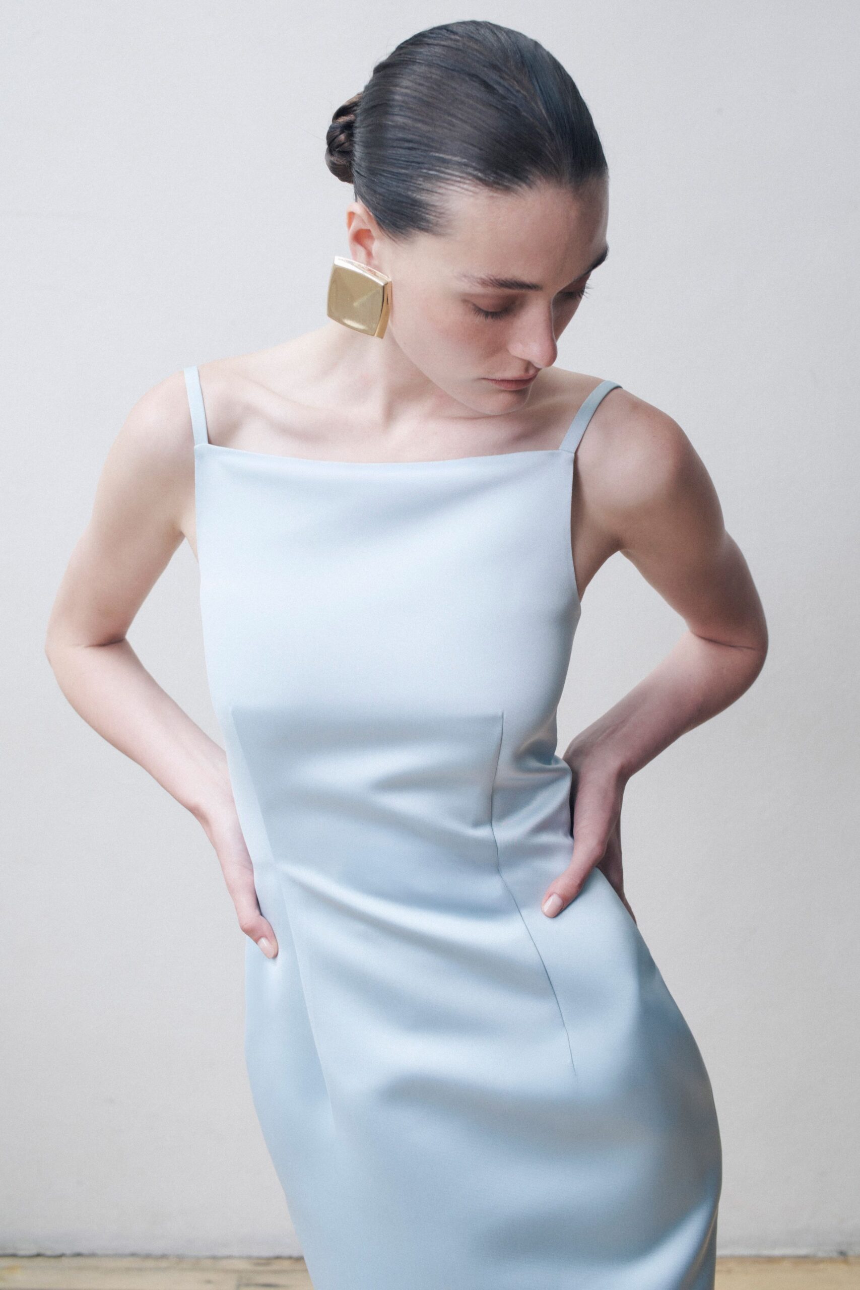 fitted blue silk dress