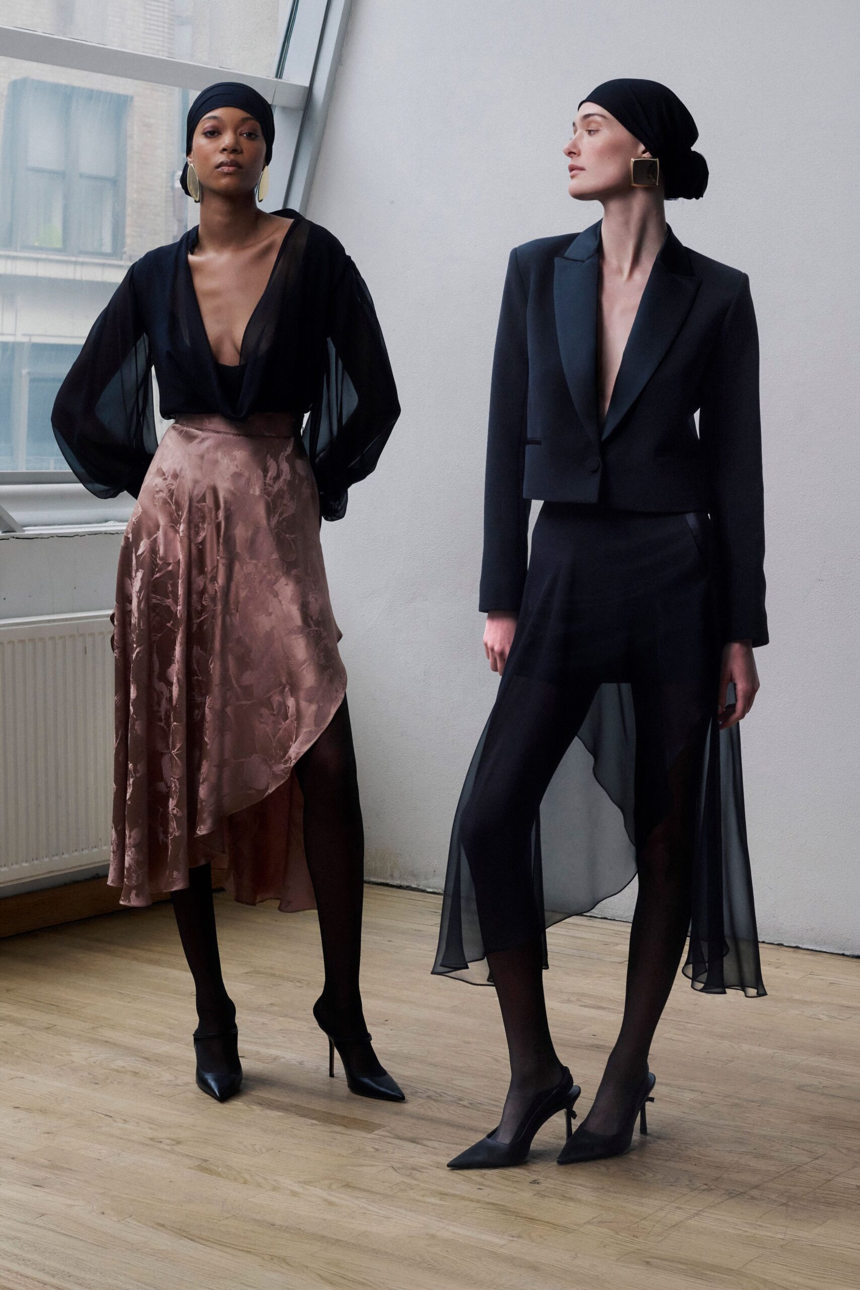 black silk long-sleeve v-neck fitted draped top