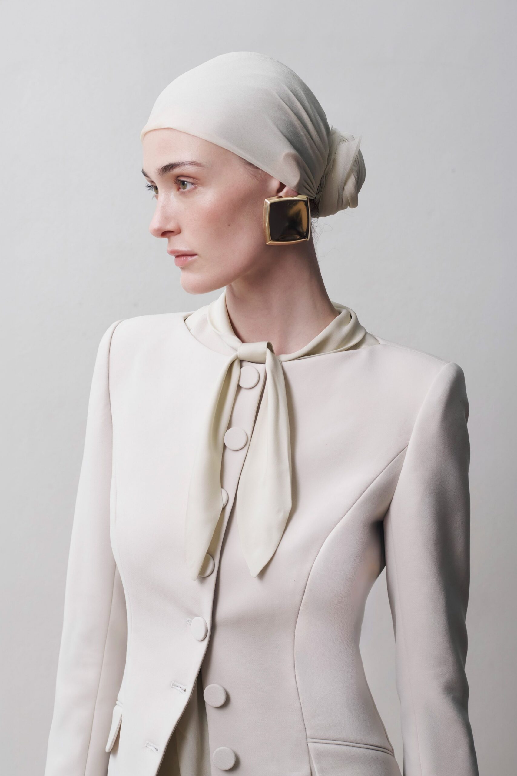 white silk long-sleeve v-neck fitted pleated top