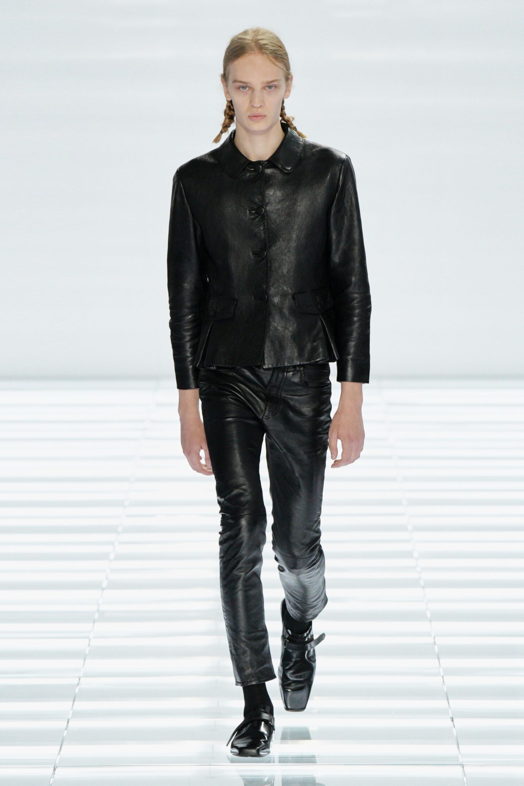 black leather fitted jacket and pants
