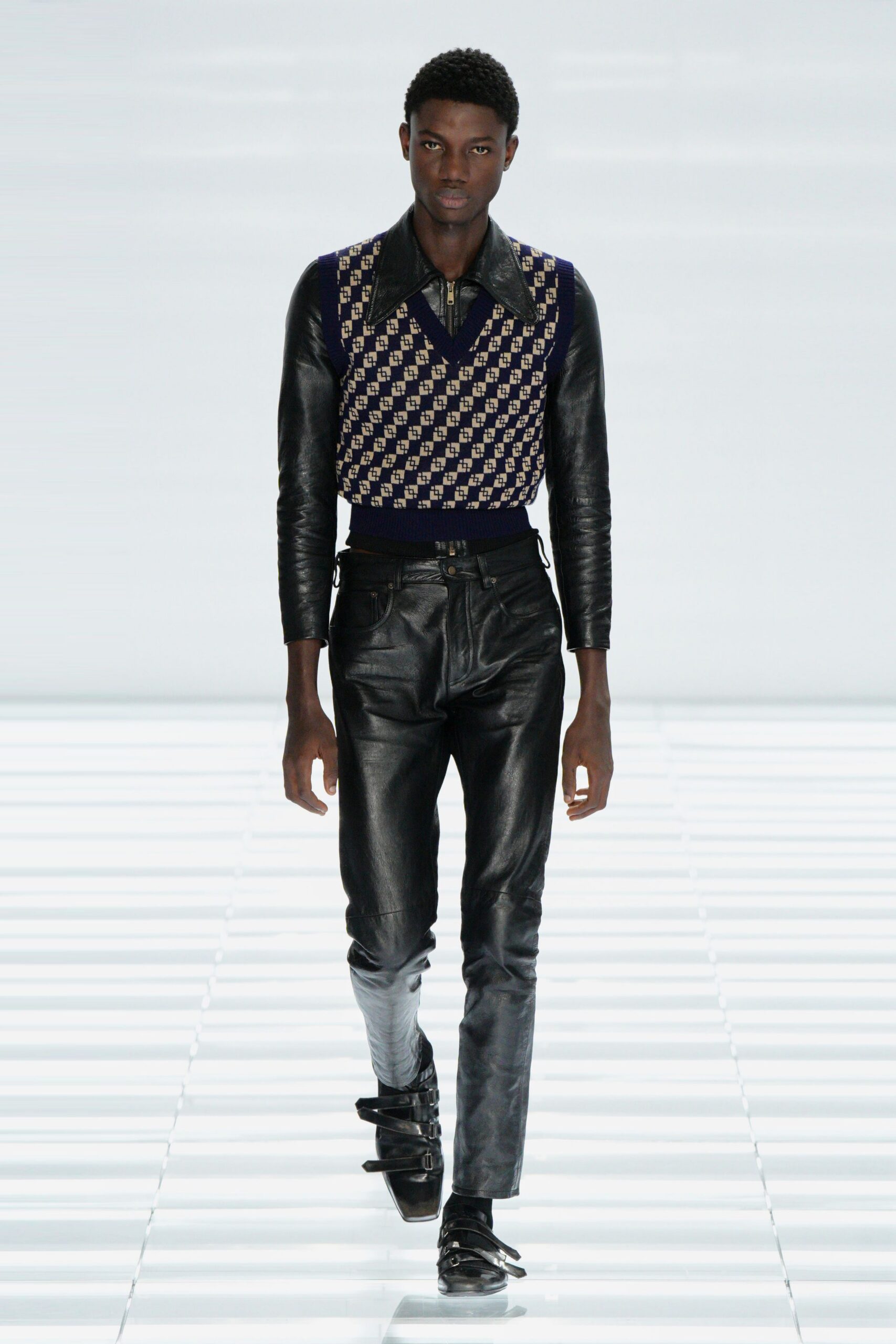 blue printed sweater black leather pants