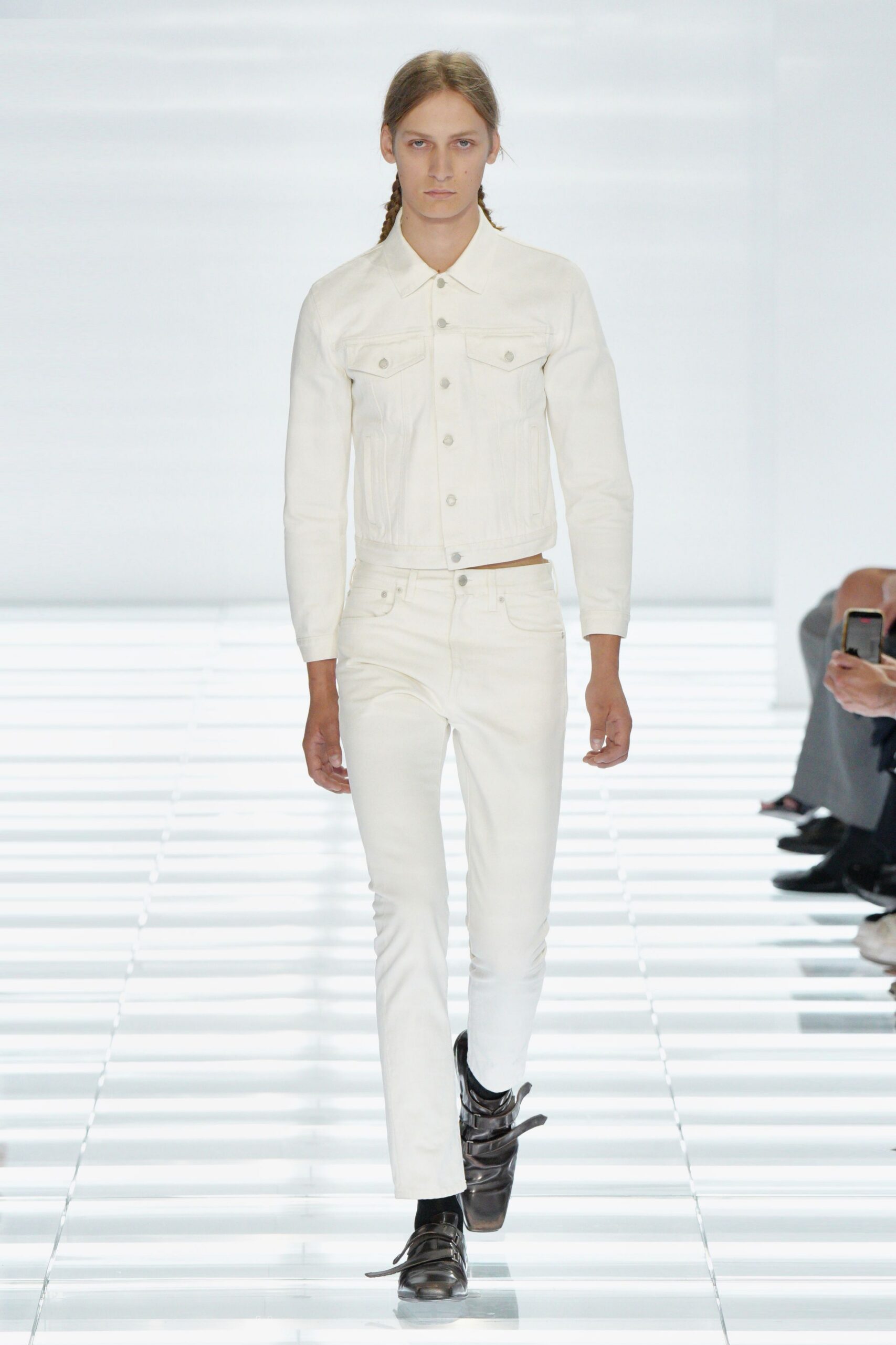 white denim jacket and pants