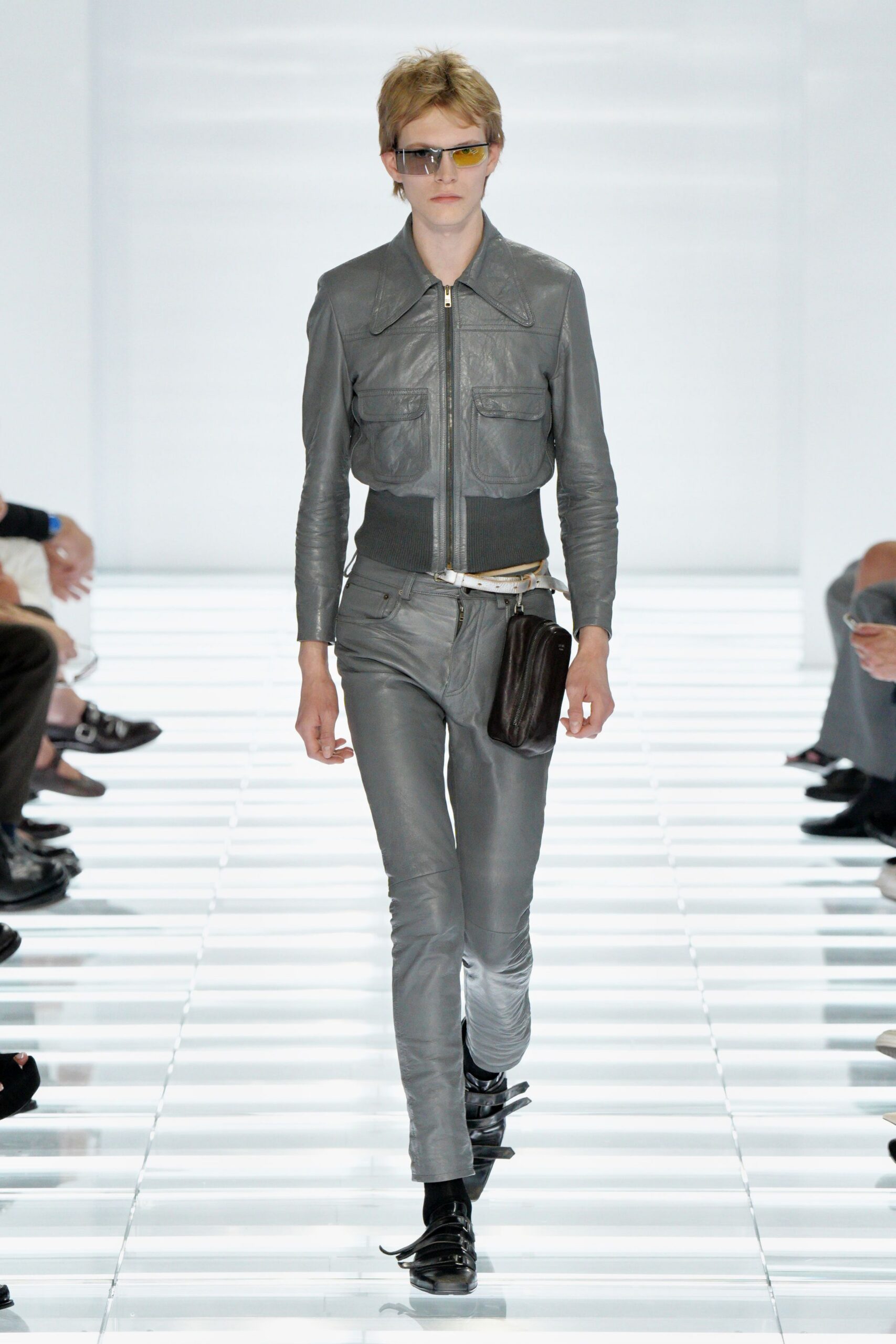 gray leather long-sleeve collared fitted zippered pockets jacket