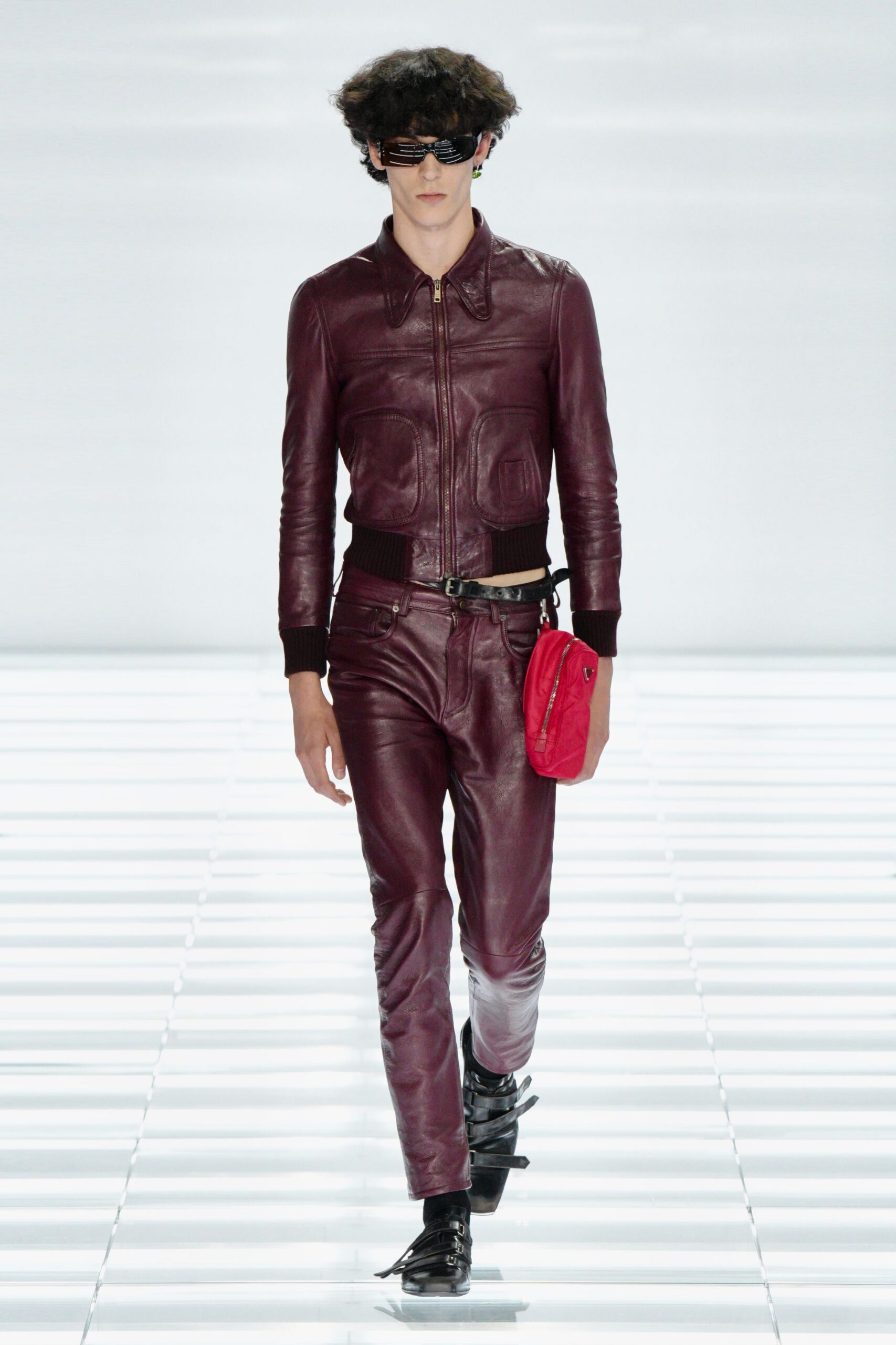 red leather long-sleeve collared fitted zippered jacket