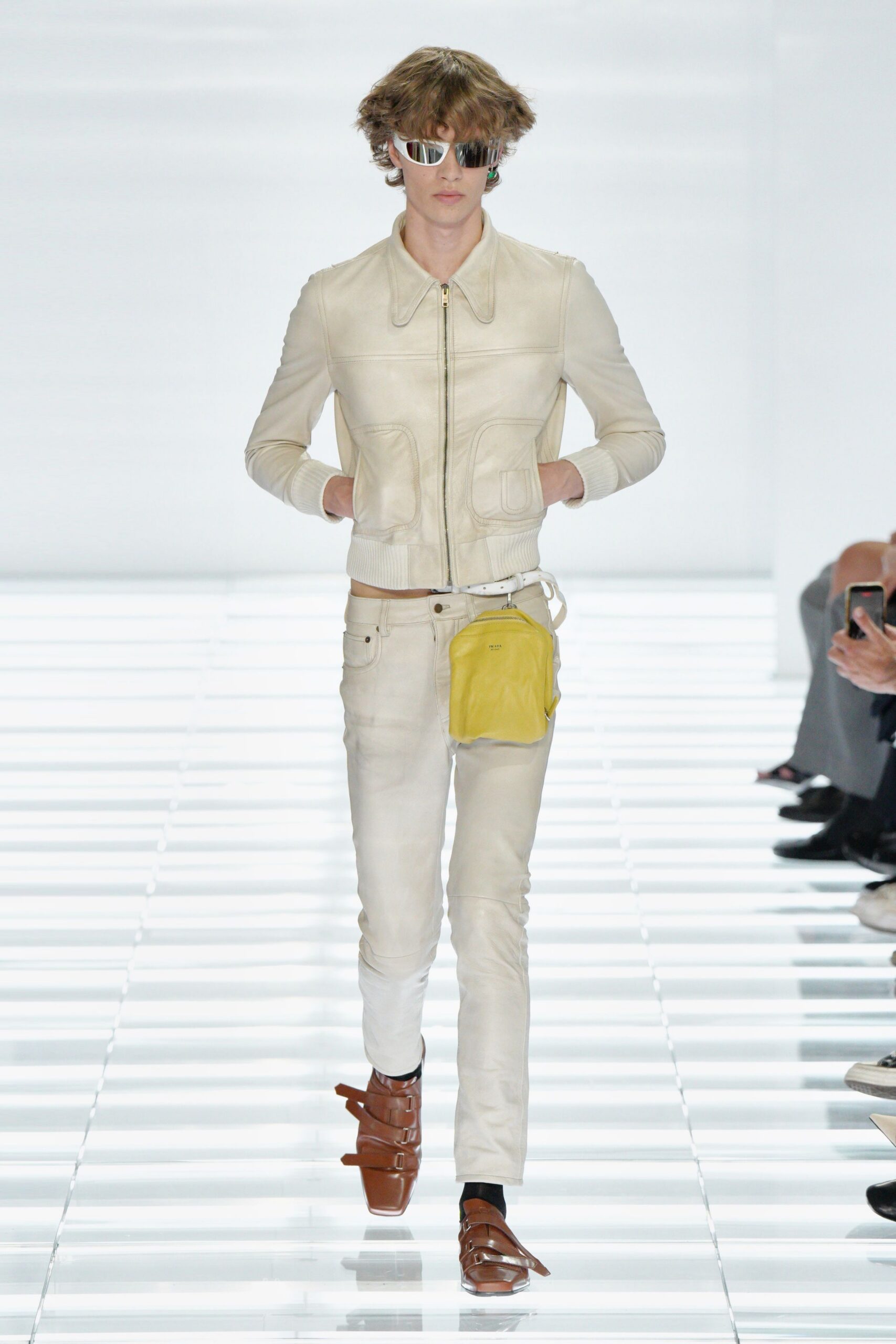 white leather jacket with yellow bag
