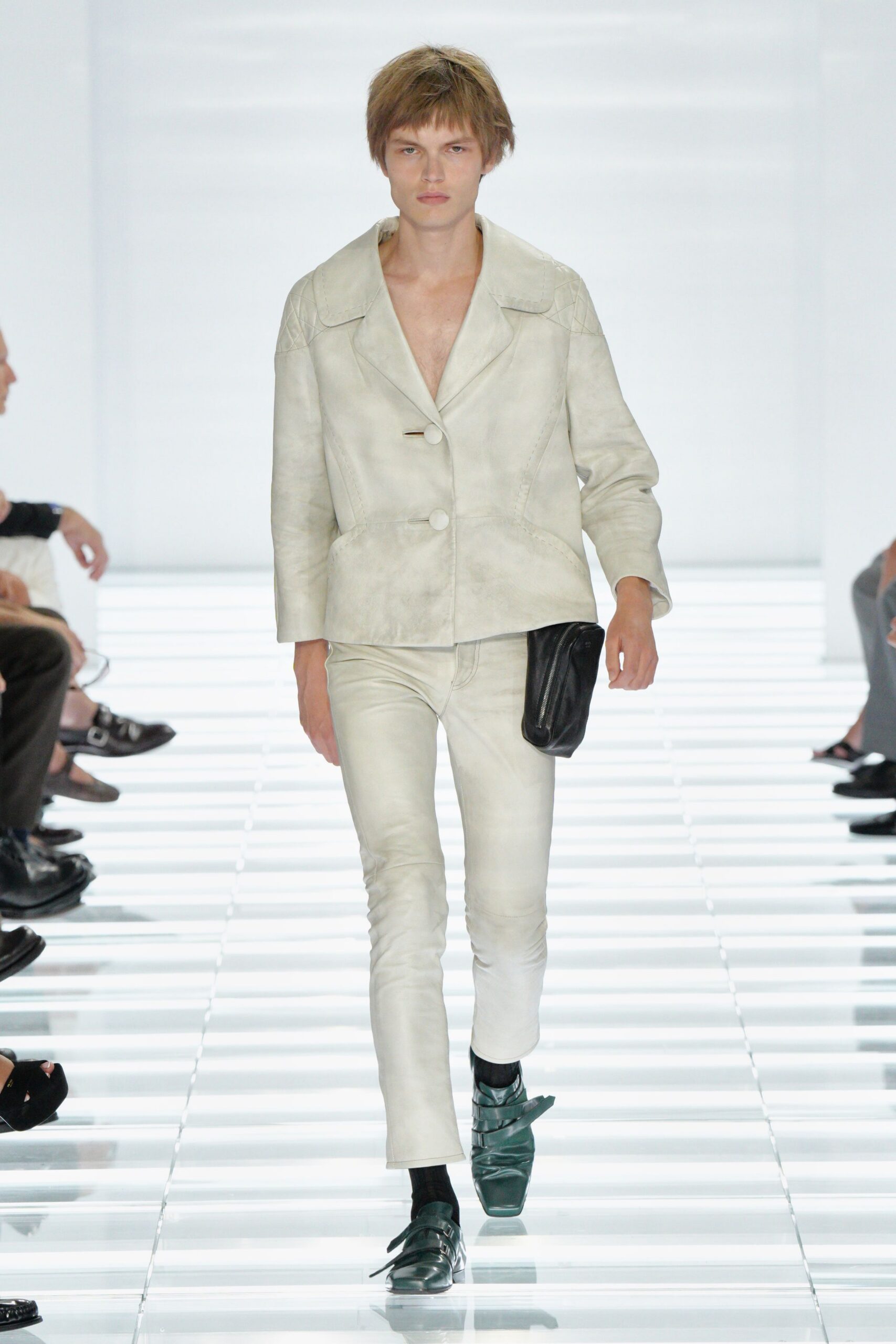 white leather long-sleeve collared fitted buttoned jacket