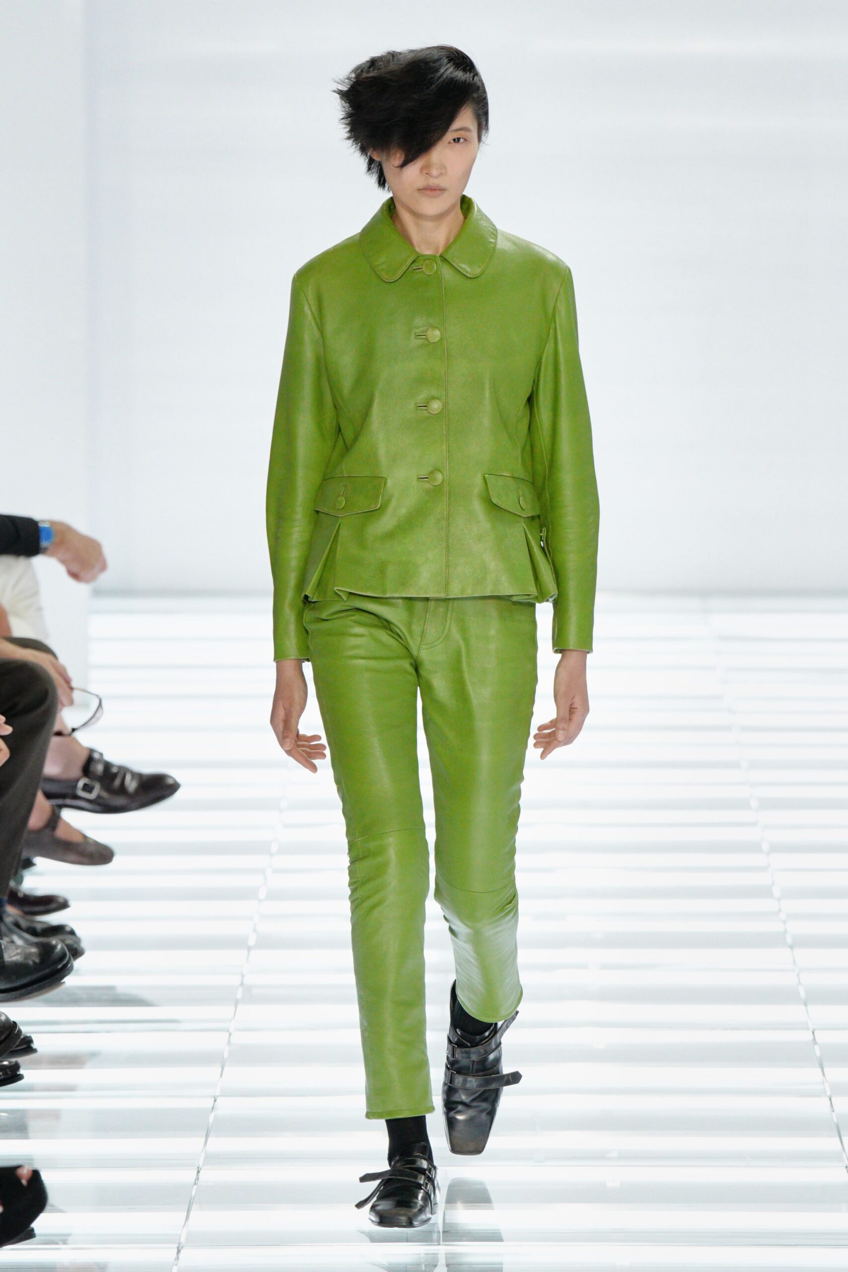 green leather jacket and pants