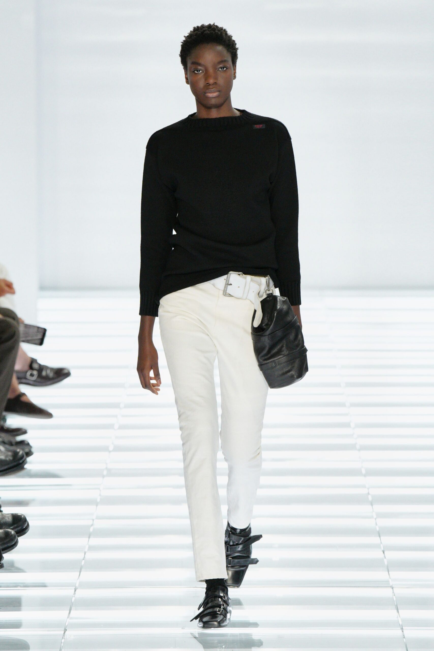 black sweater white pants outfit