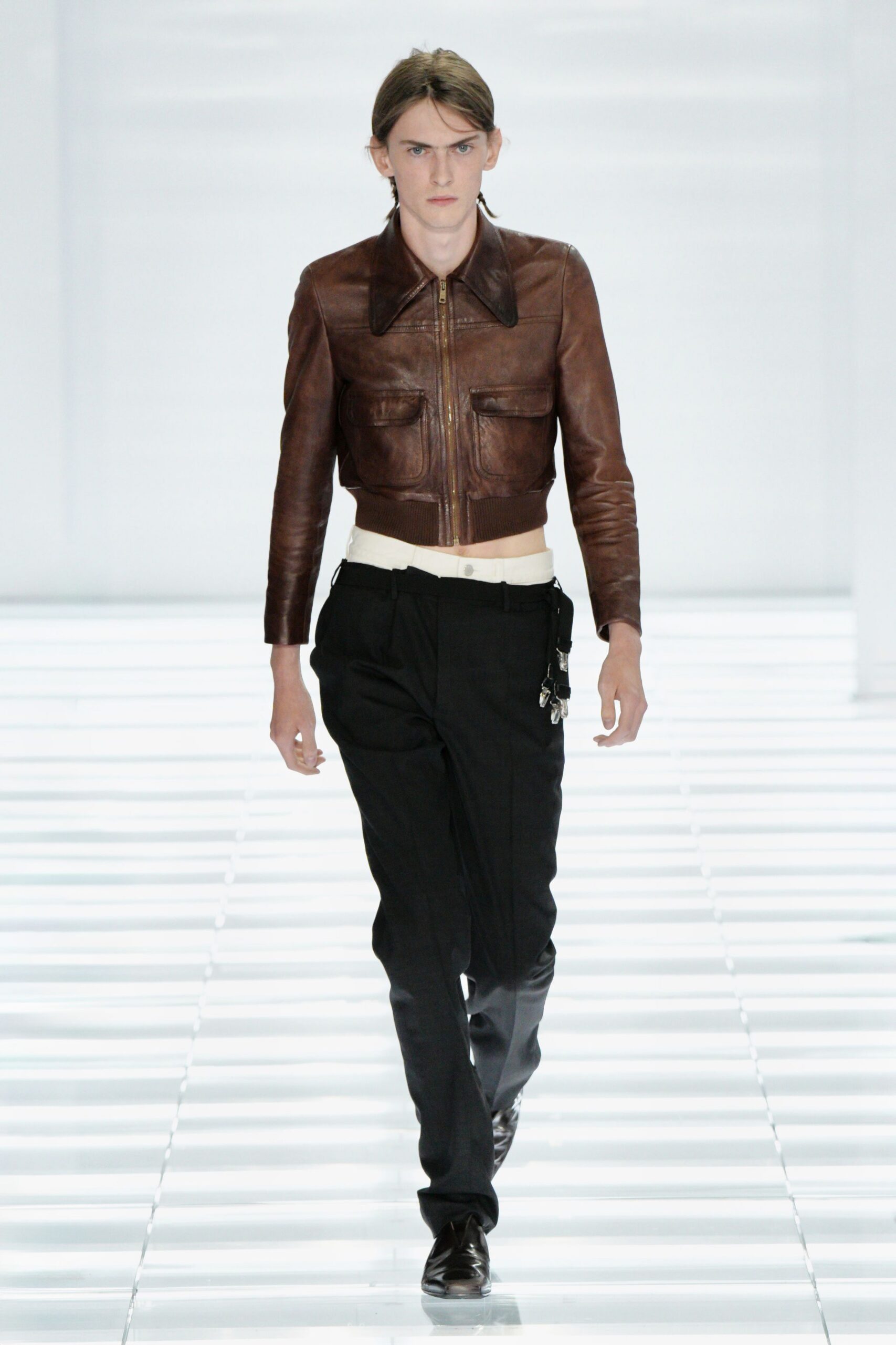 brown leather long-sleeve collared fitted zippered jacket