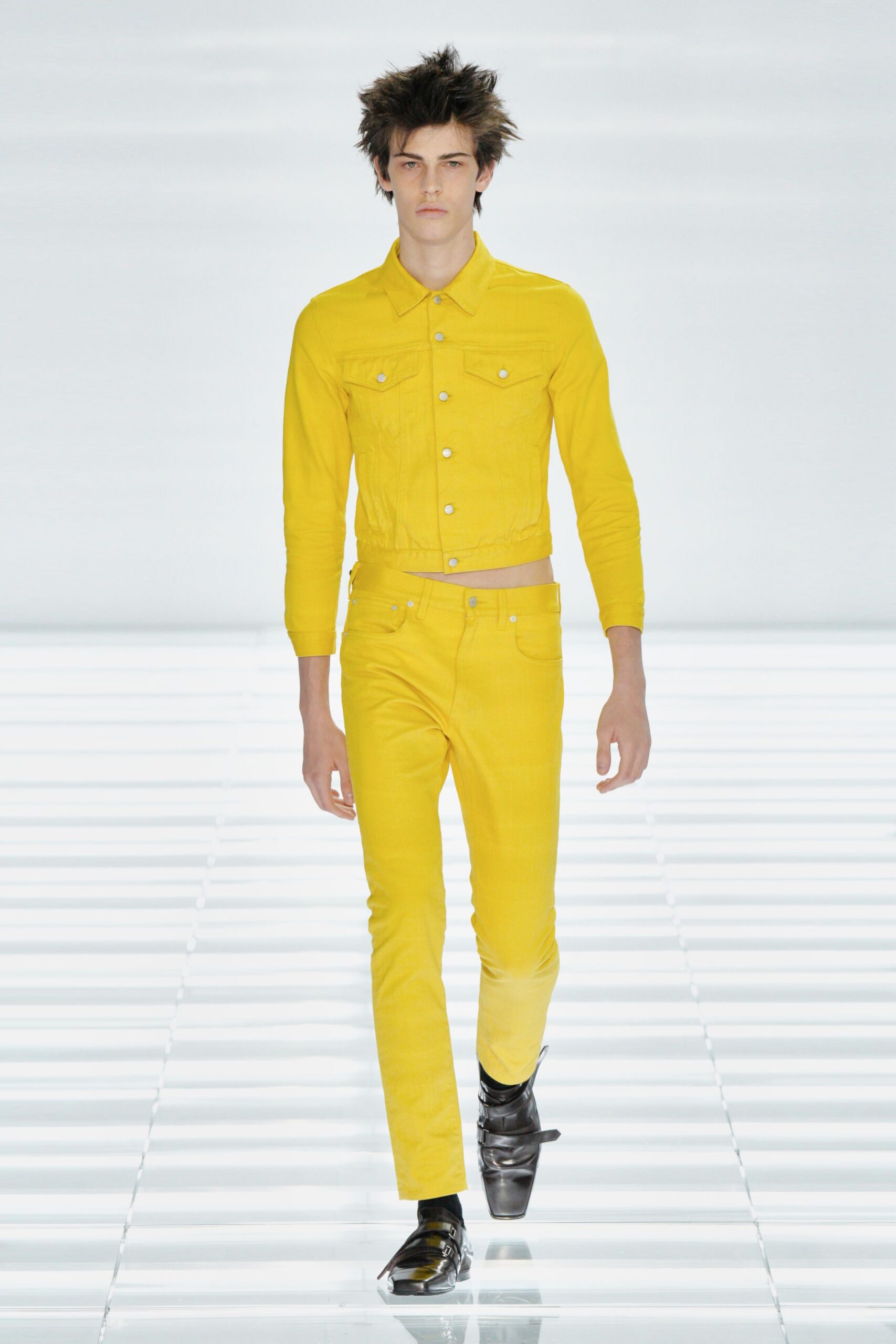 yellow denim fitted straight-leg pants