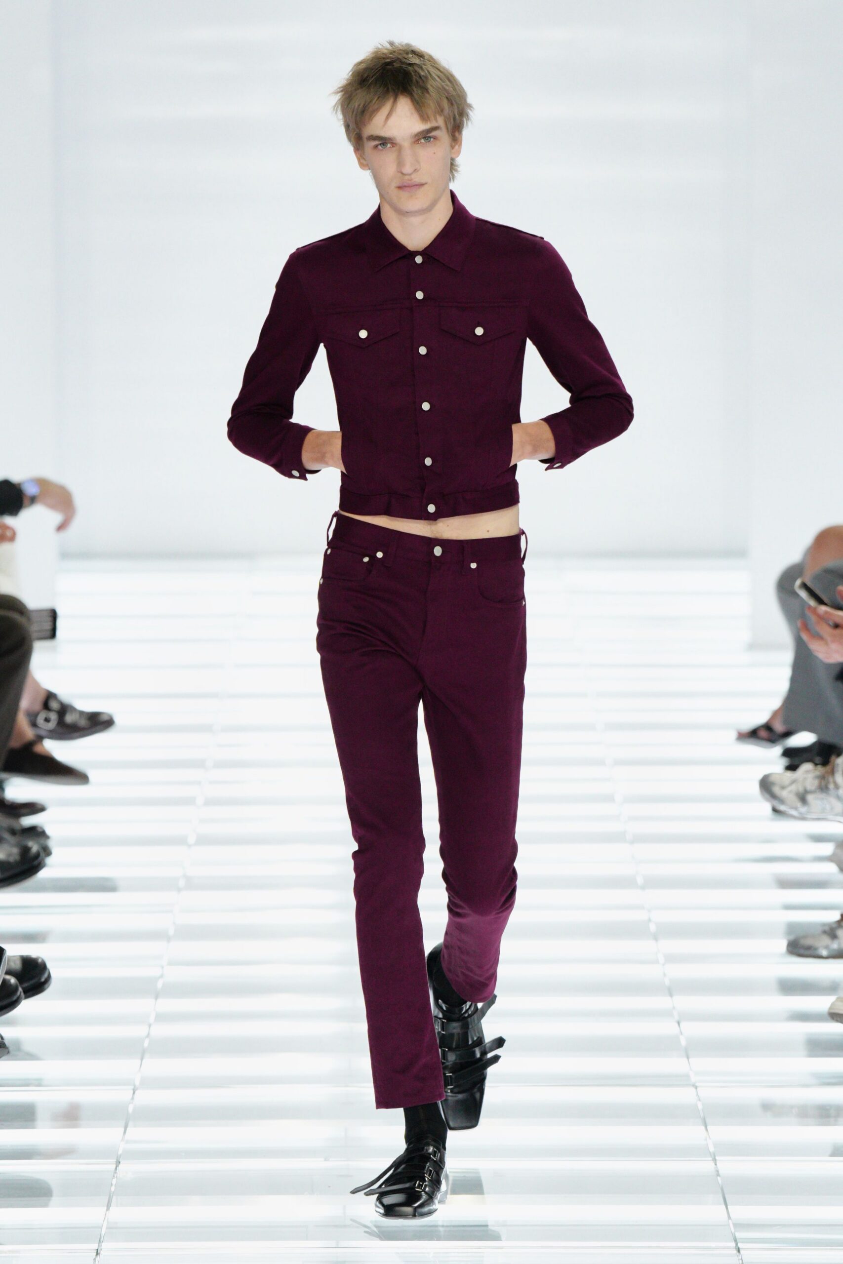 purple fitted shirt and pants