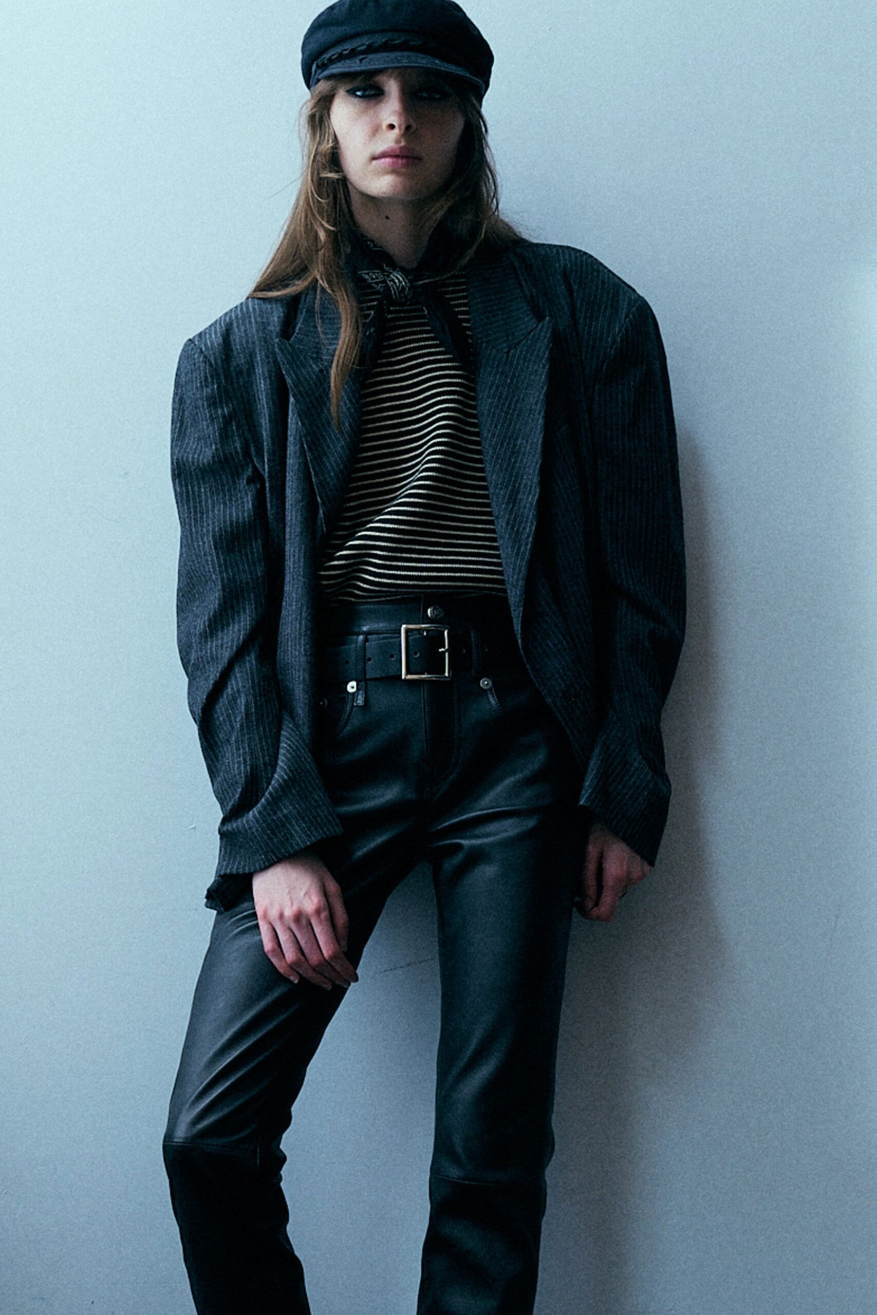 gray blazer black striped top