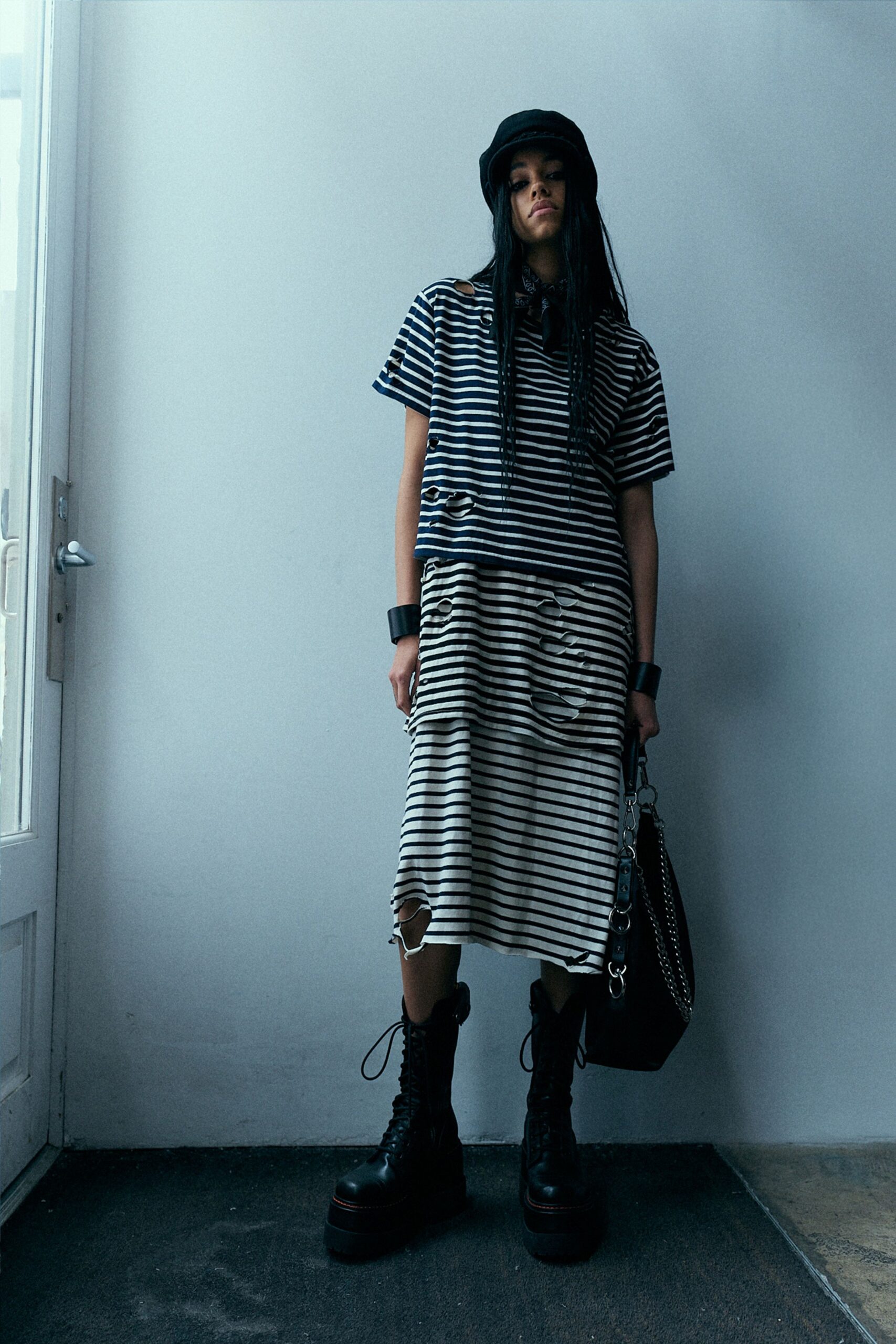black and white striped midi dress