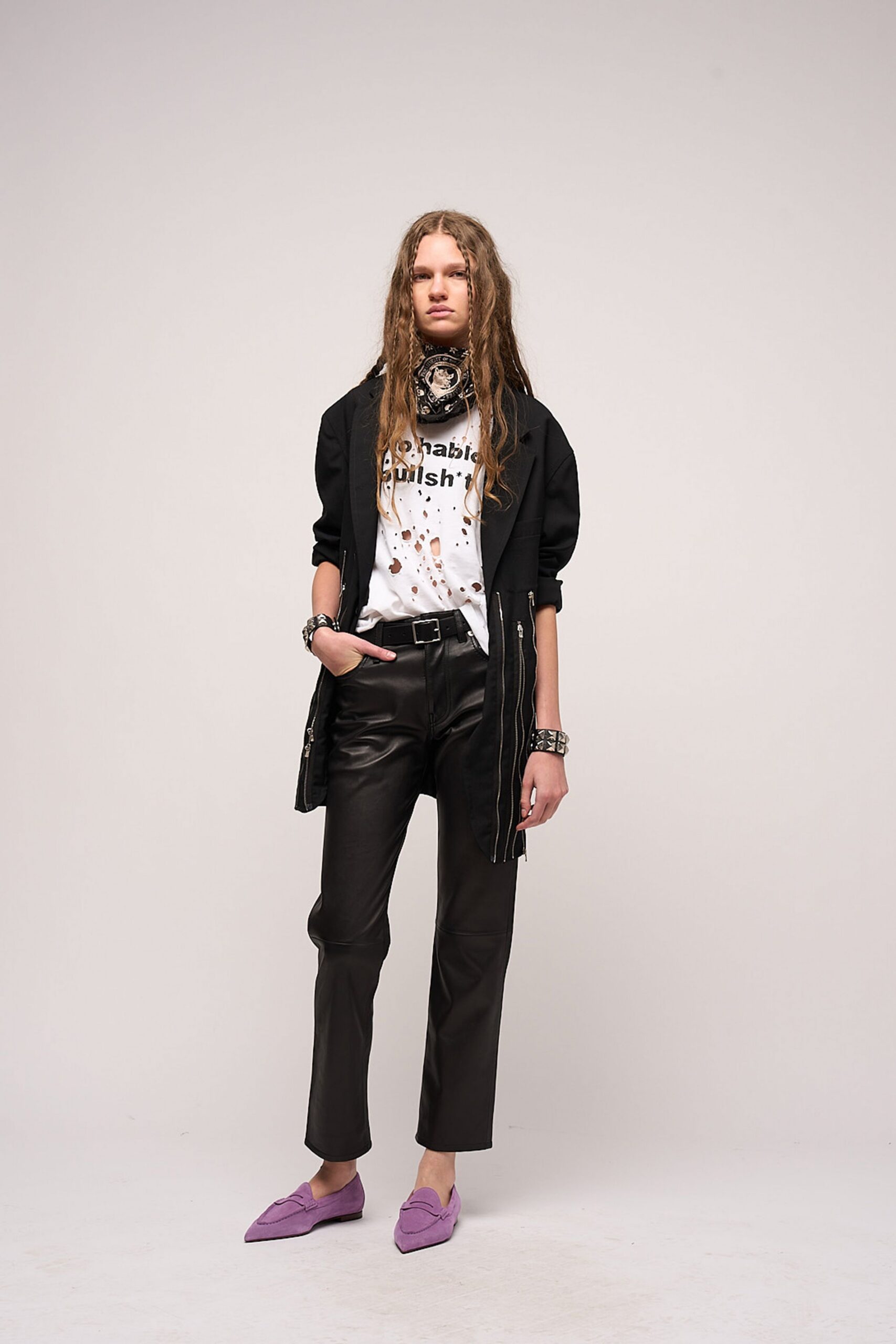 black jacket white t-shirt leather pants