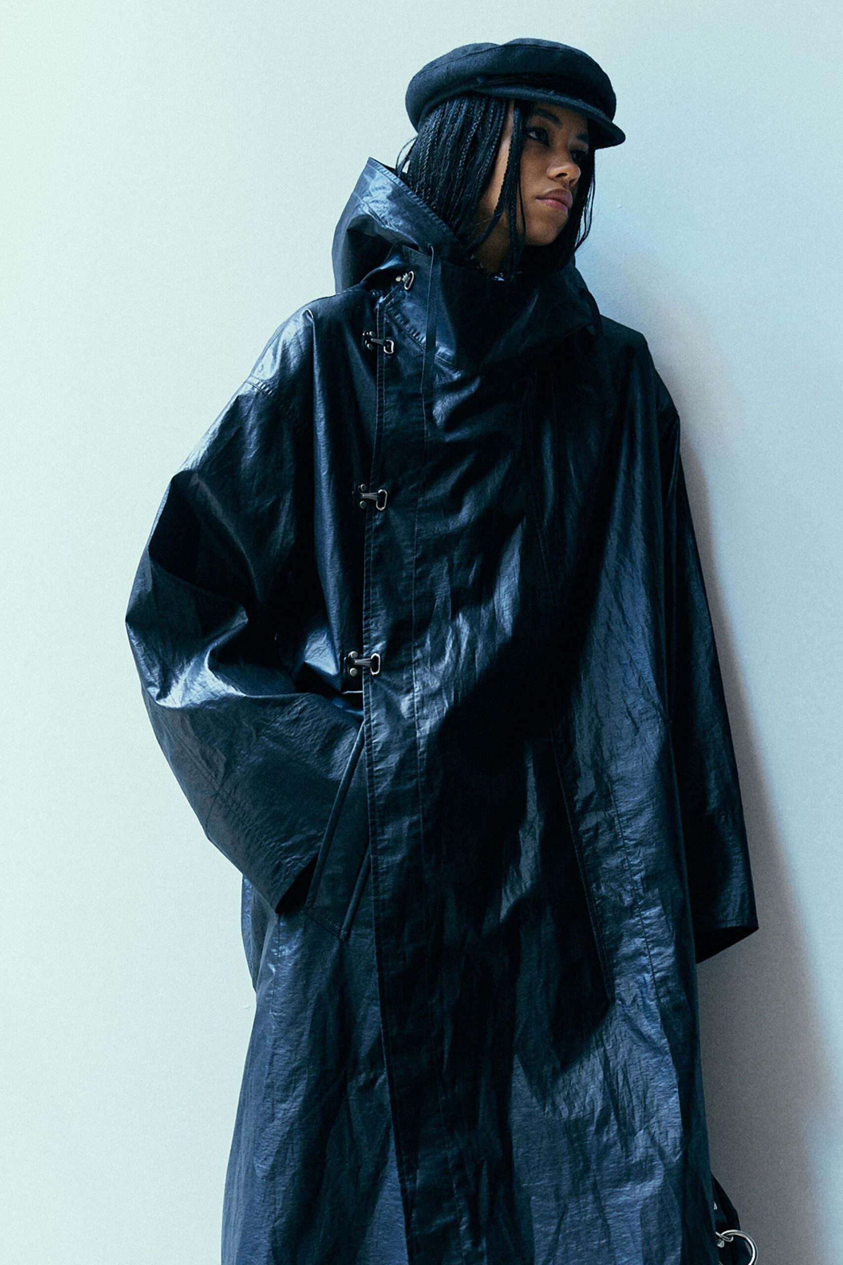 oversized black vinyl coat with hood