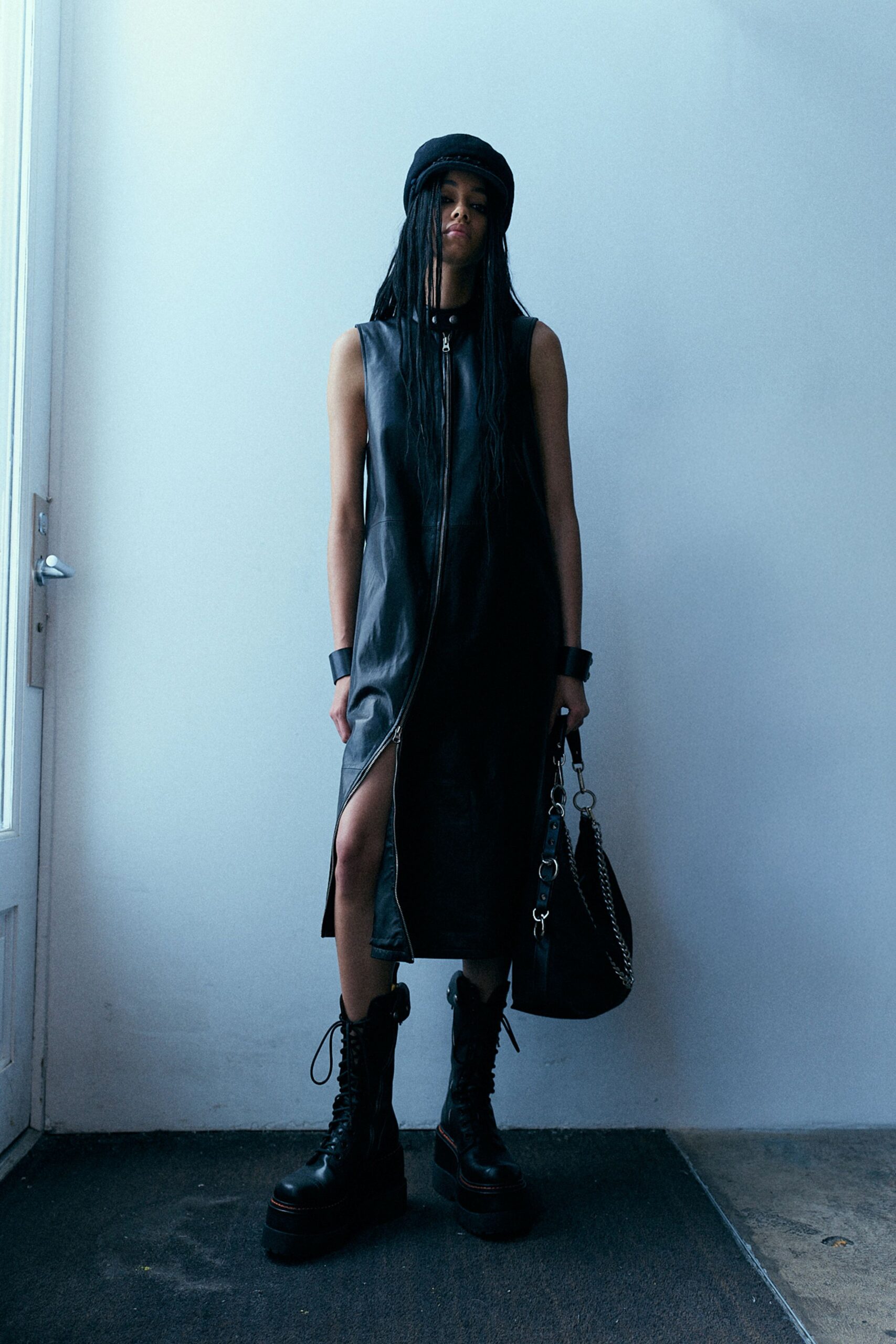 black leather sleeveless midi dress