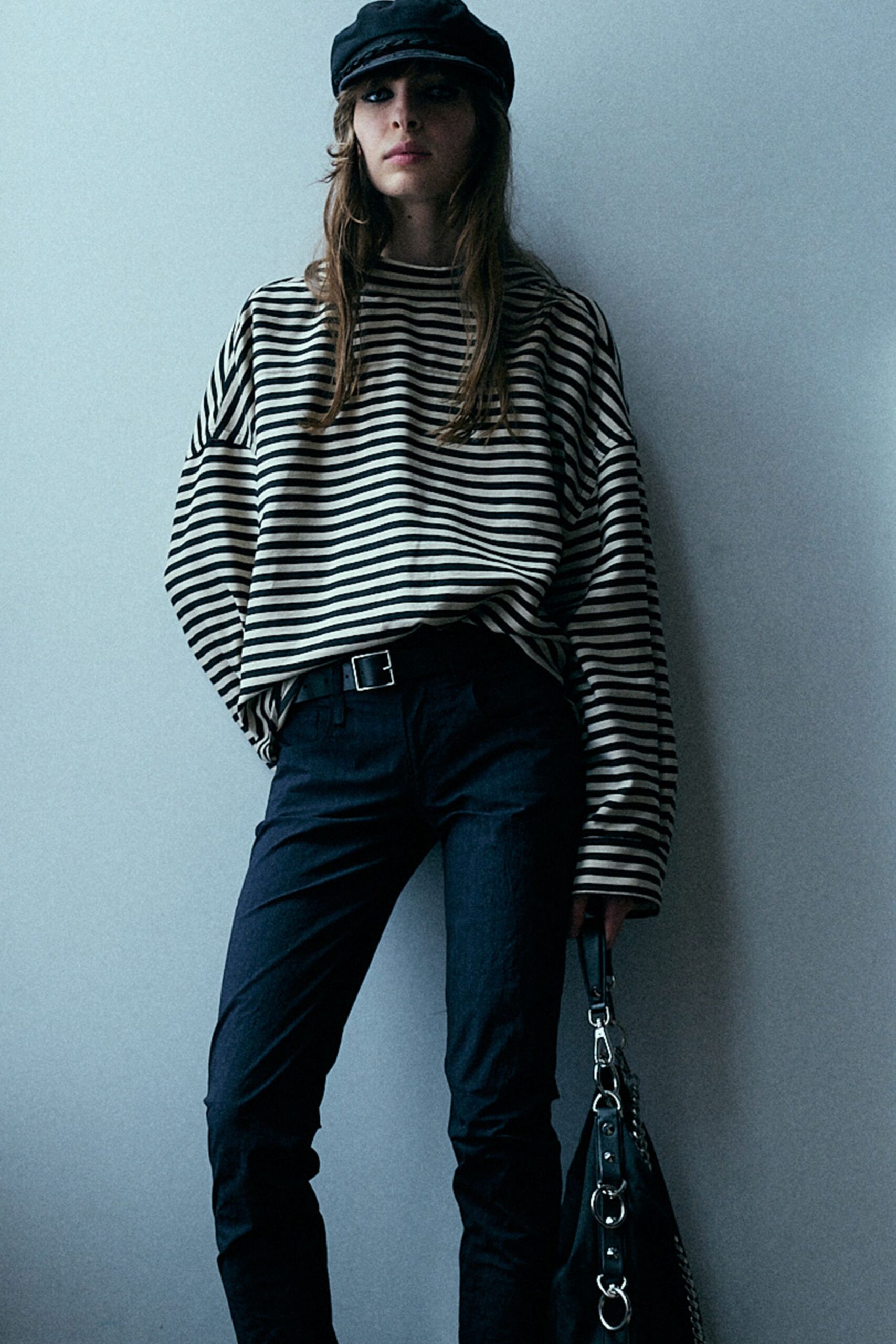 oversized striped top with slim pants
