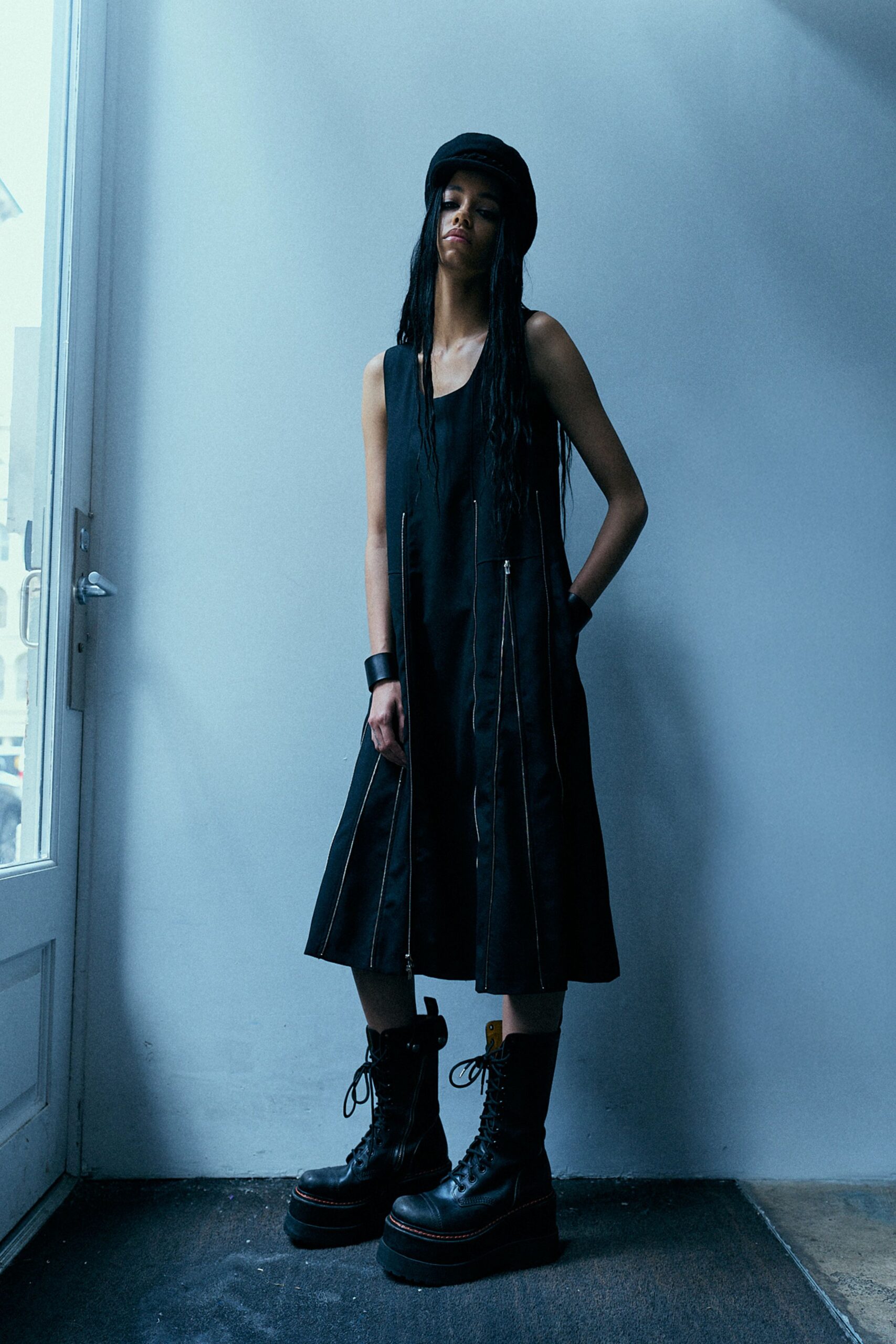 black midi dress with boots
