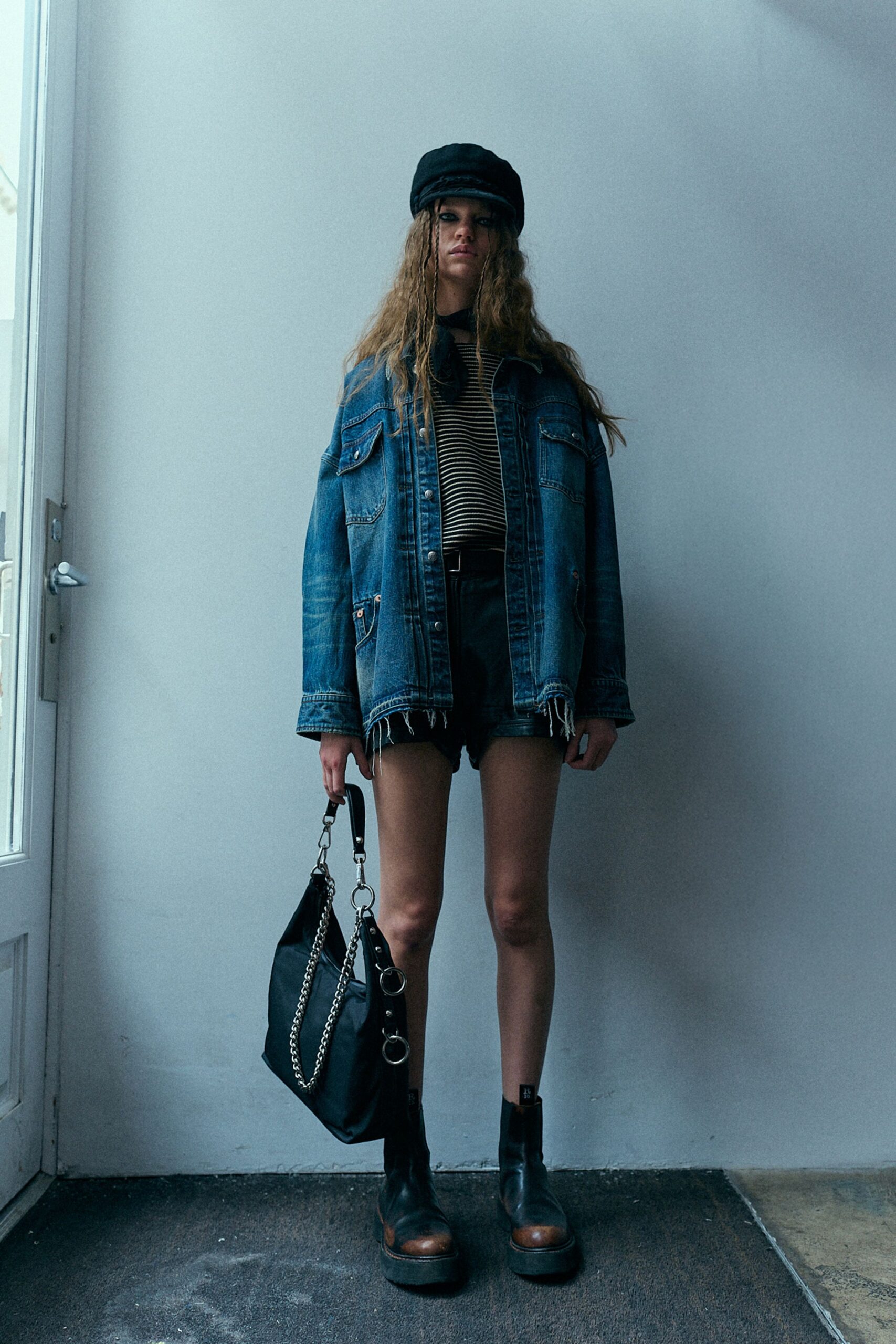 denim jacket black shorts outfit