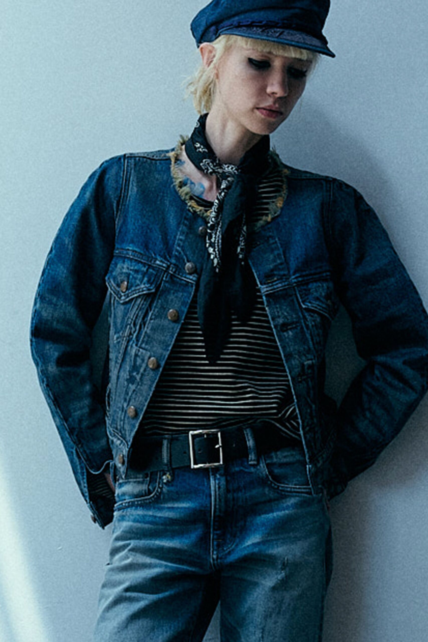 denim jacket striped shirt