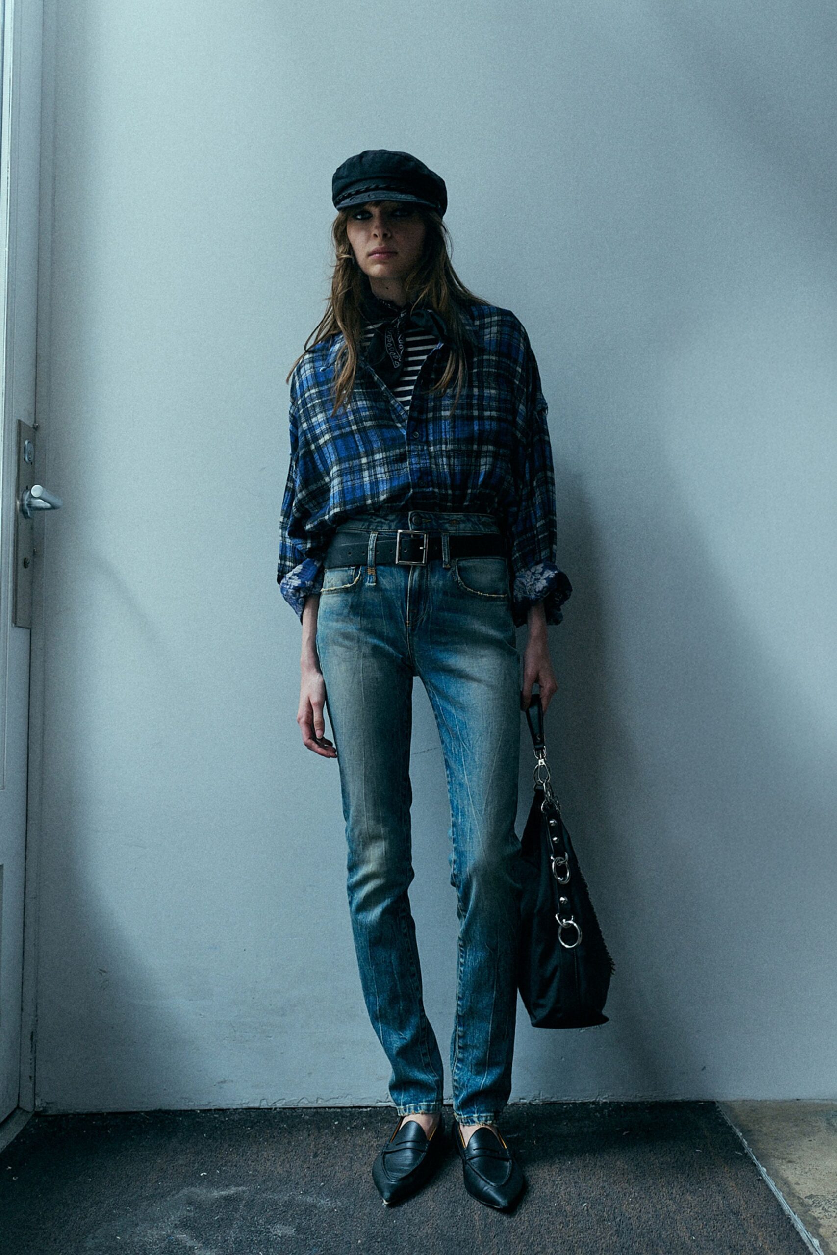 blue checked shirt with denim pants