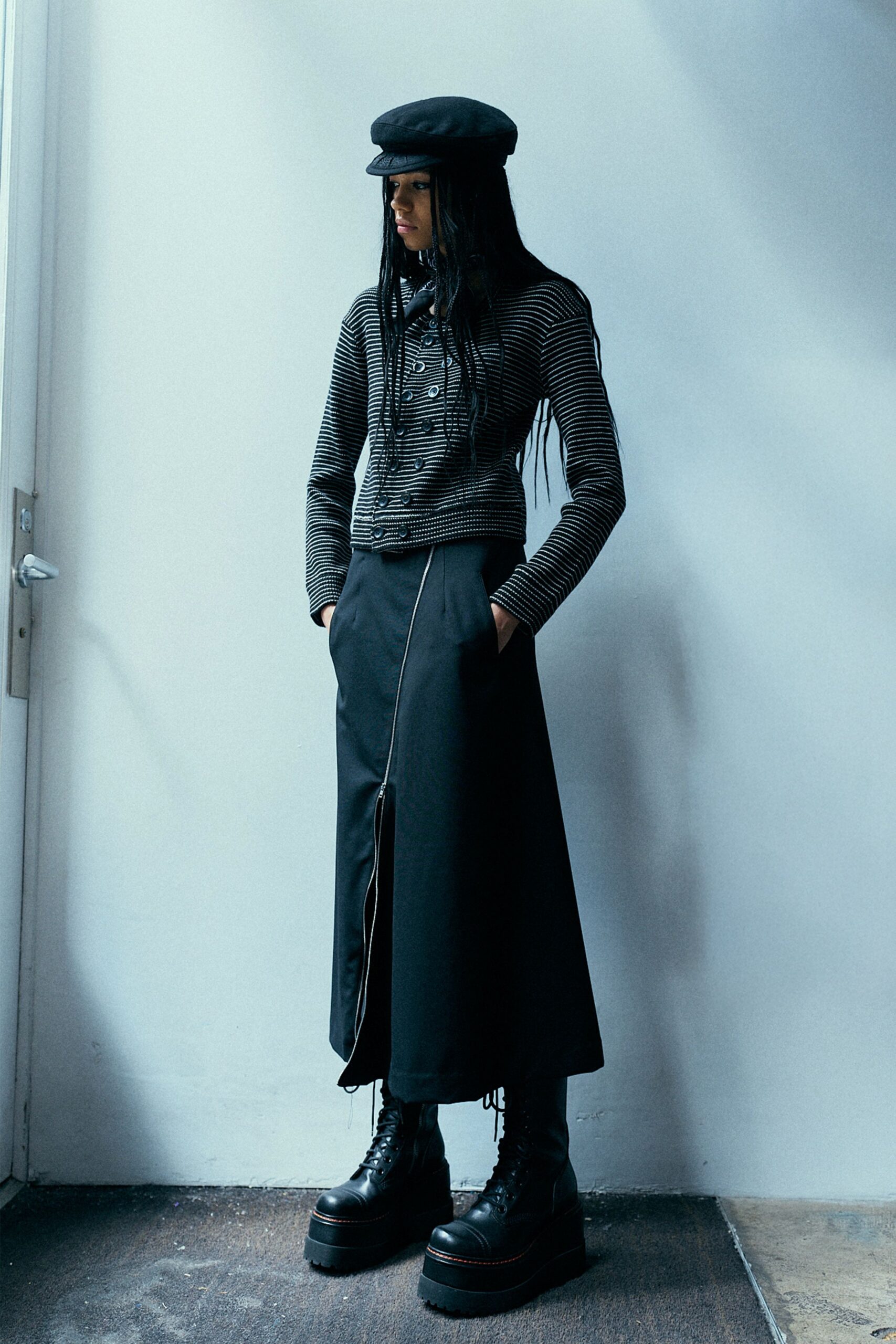 black striped jacket and maxi skirt