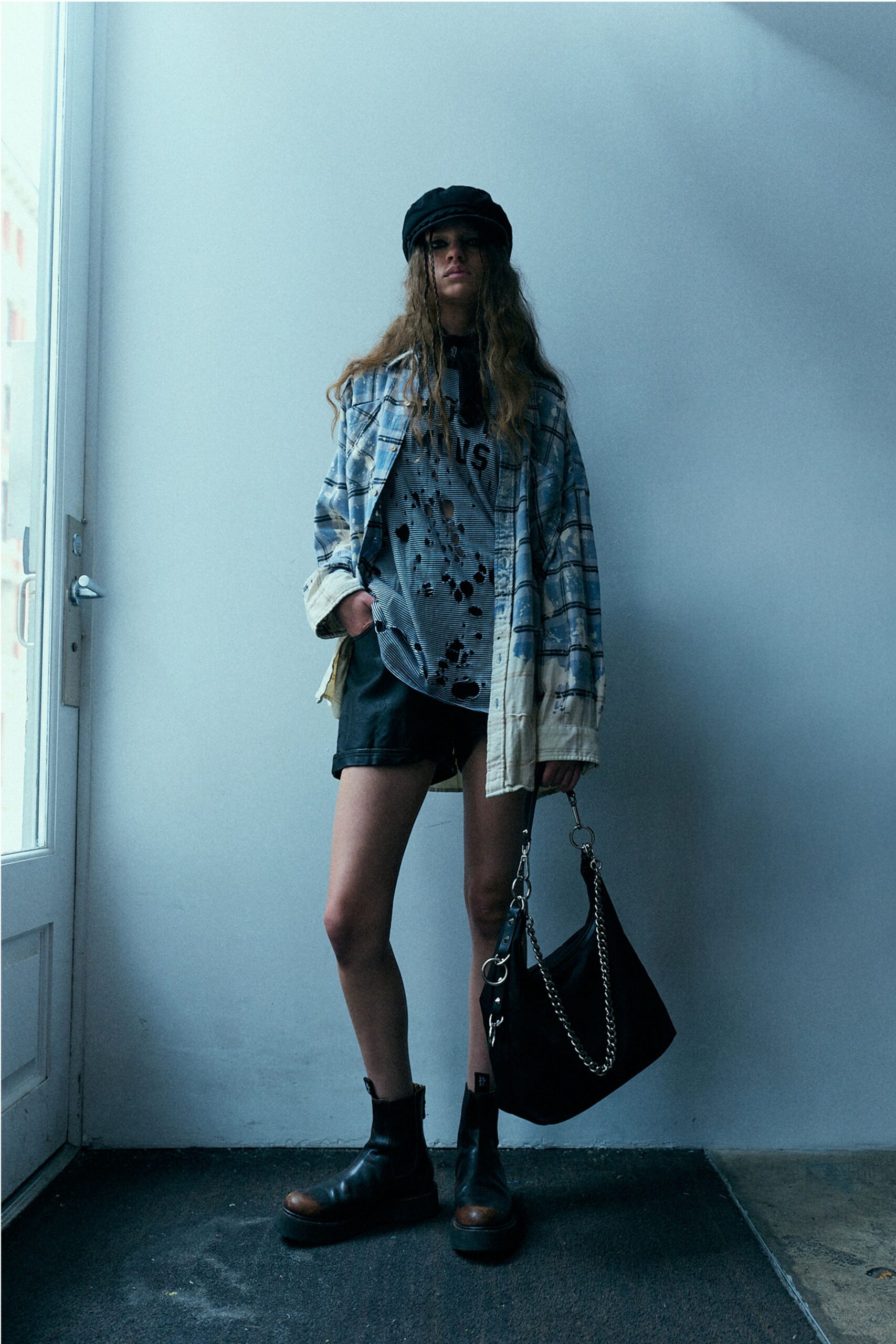 relaxed plaid shirt with distressed t-shirt