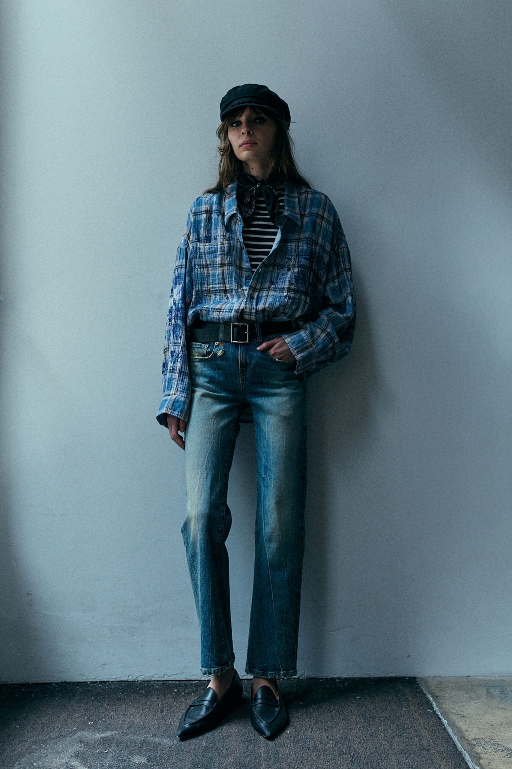 blue checked shirt with striped top