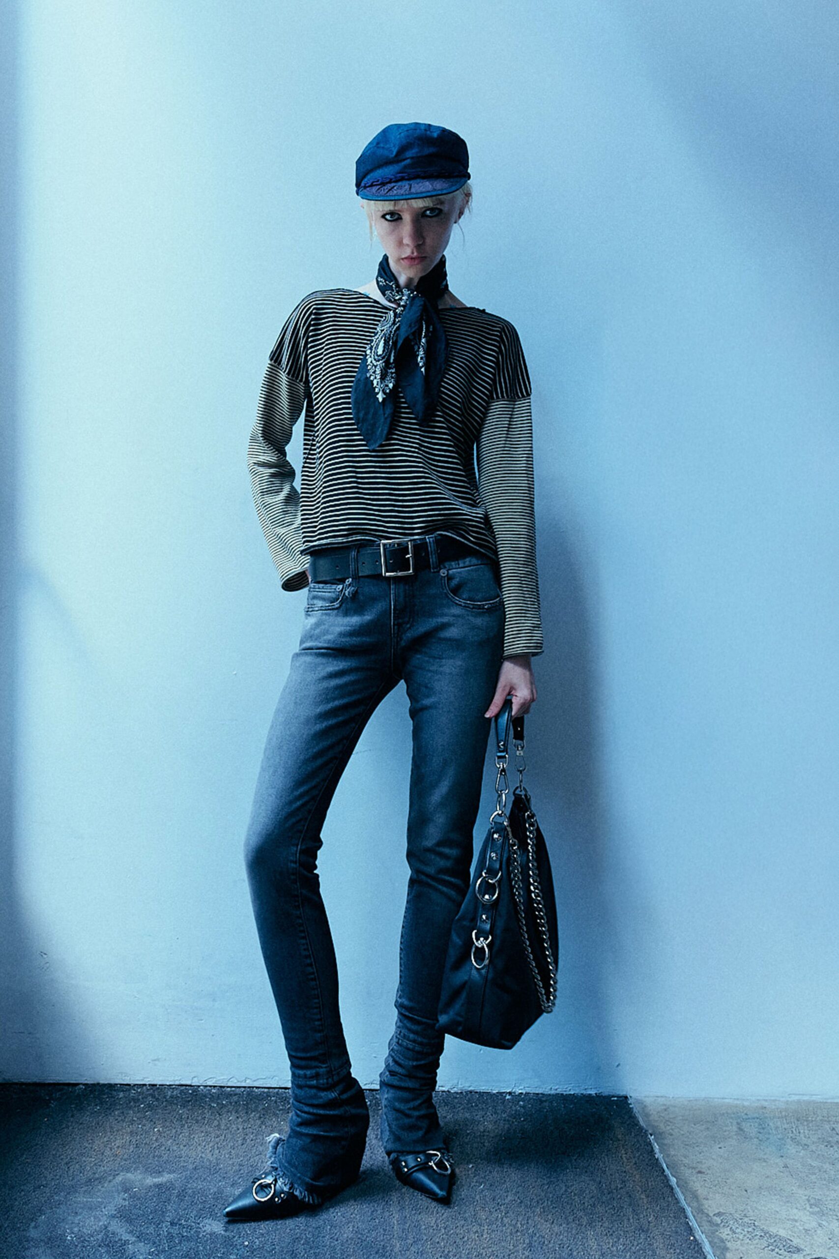 striped top with fitted jeans