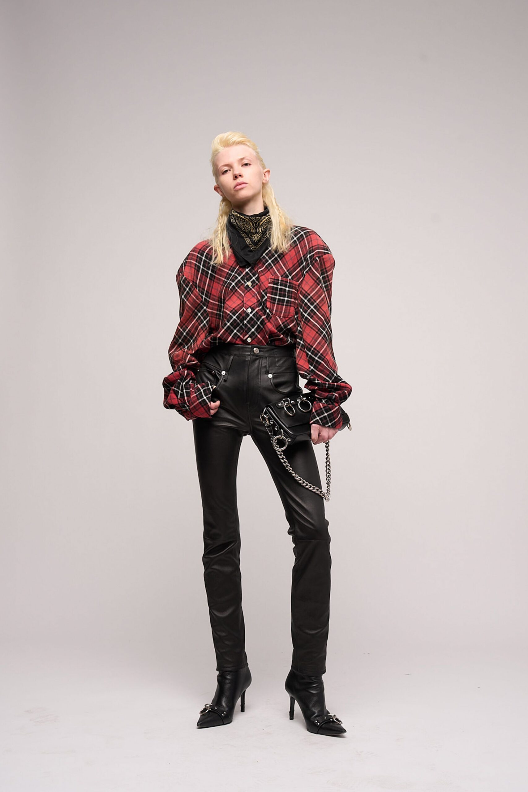plaid shirt with leather pants