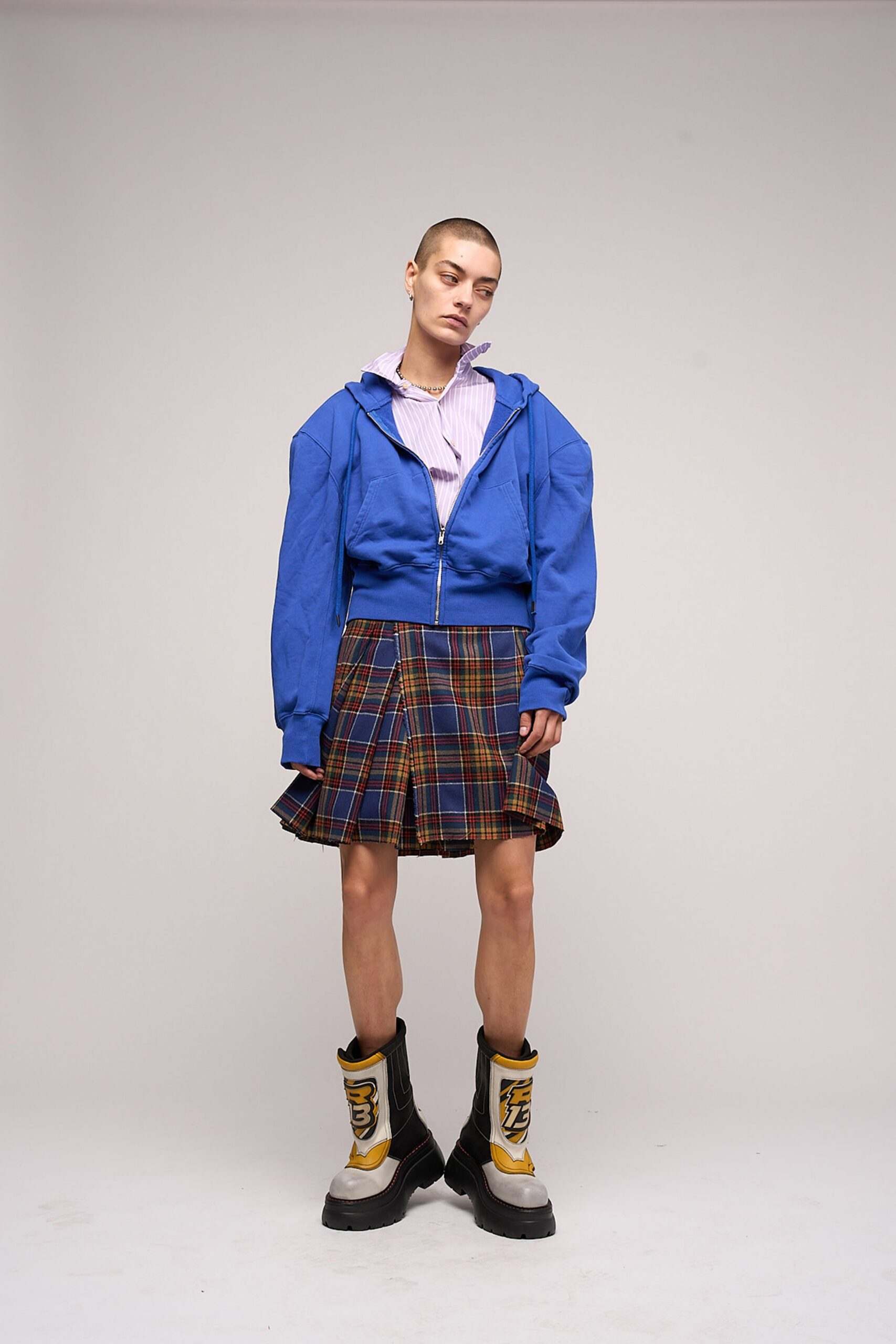 blue hoodie with mini skirt