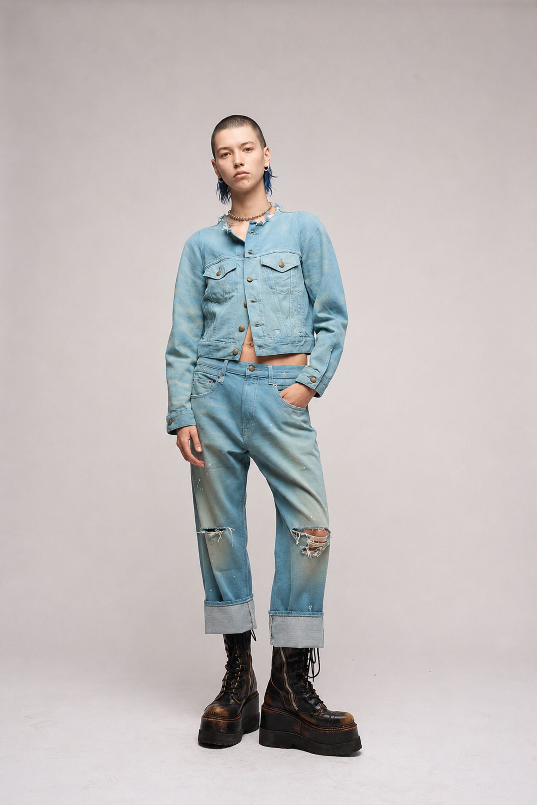 blue denim jacket and pants